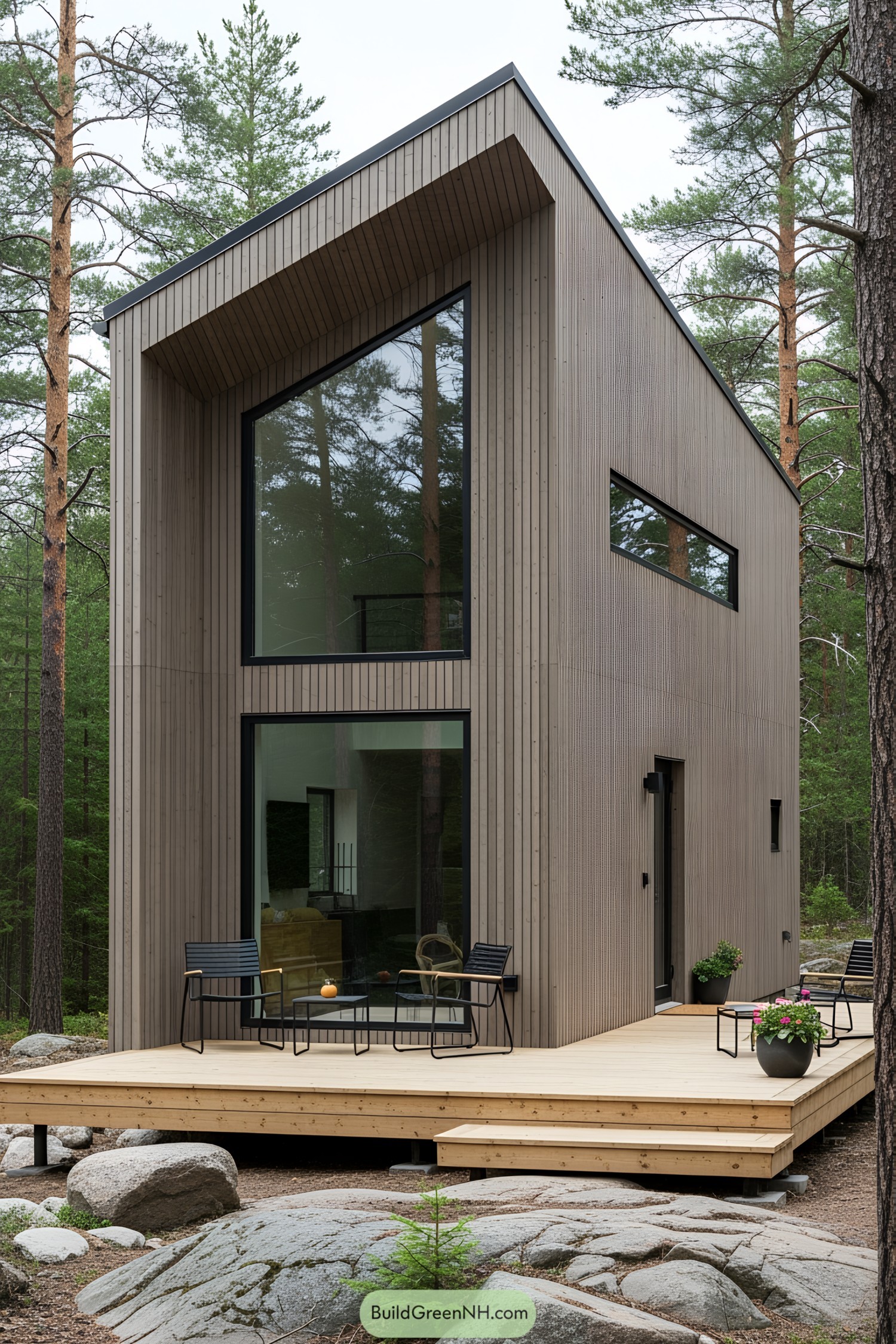 Modern wooden cabin with large windows in the woods
