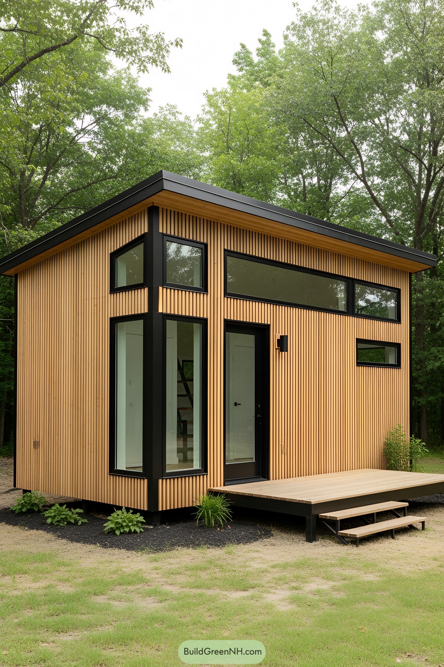 Compact wooden cabin with large windows nestled among trees