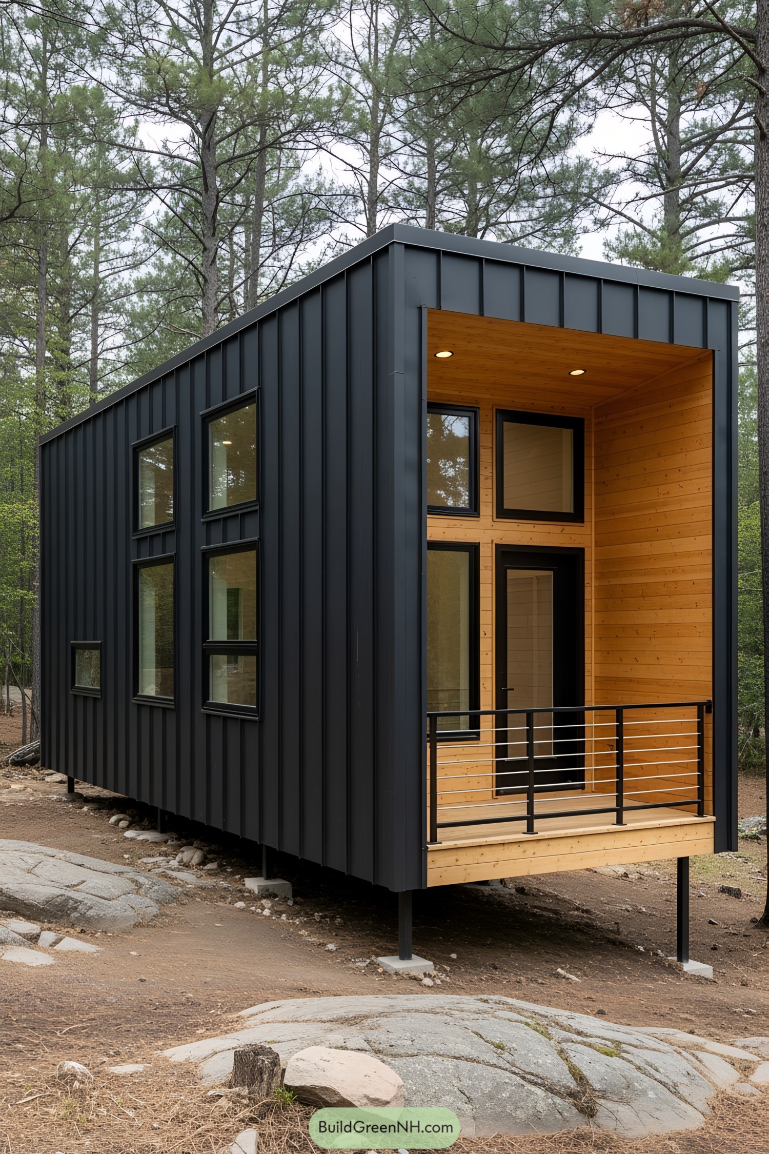 Compact black cabin with wooden porch surrounded by forest