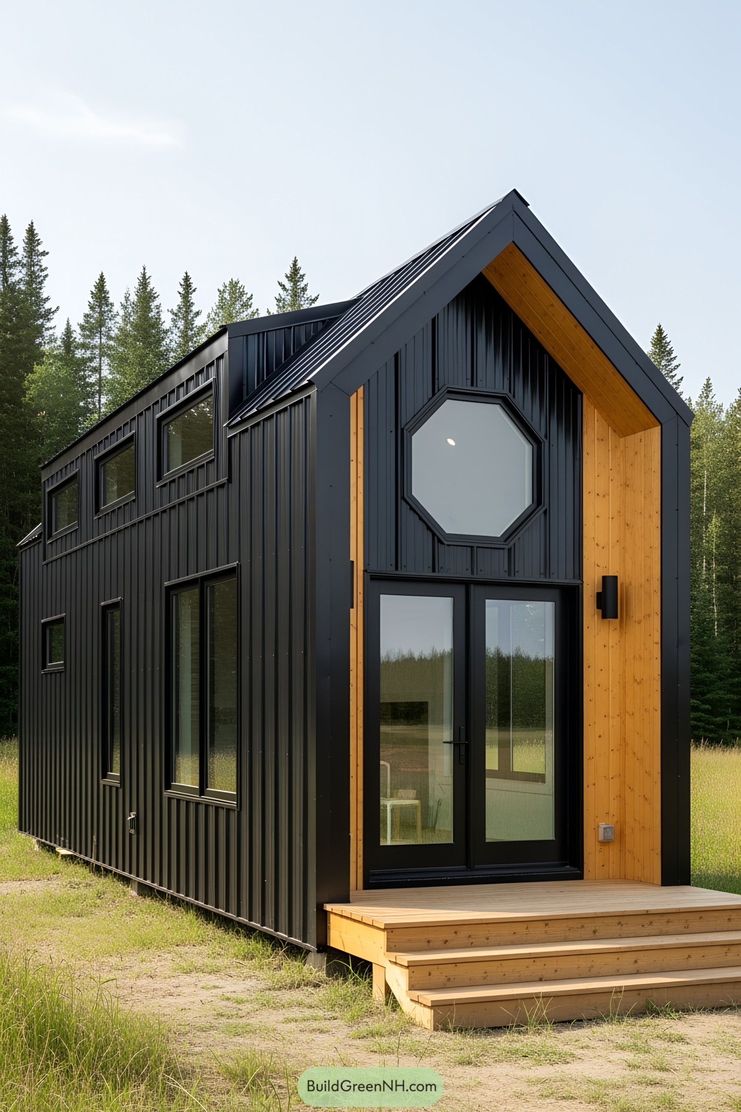 Black micro cabin with large windows in a forest clearing