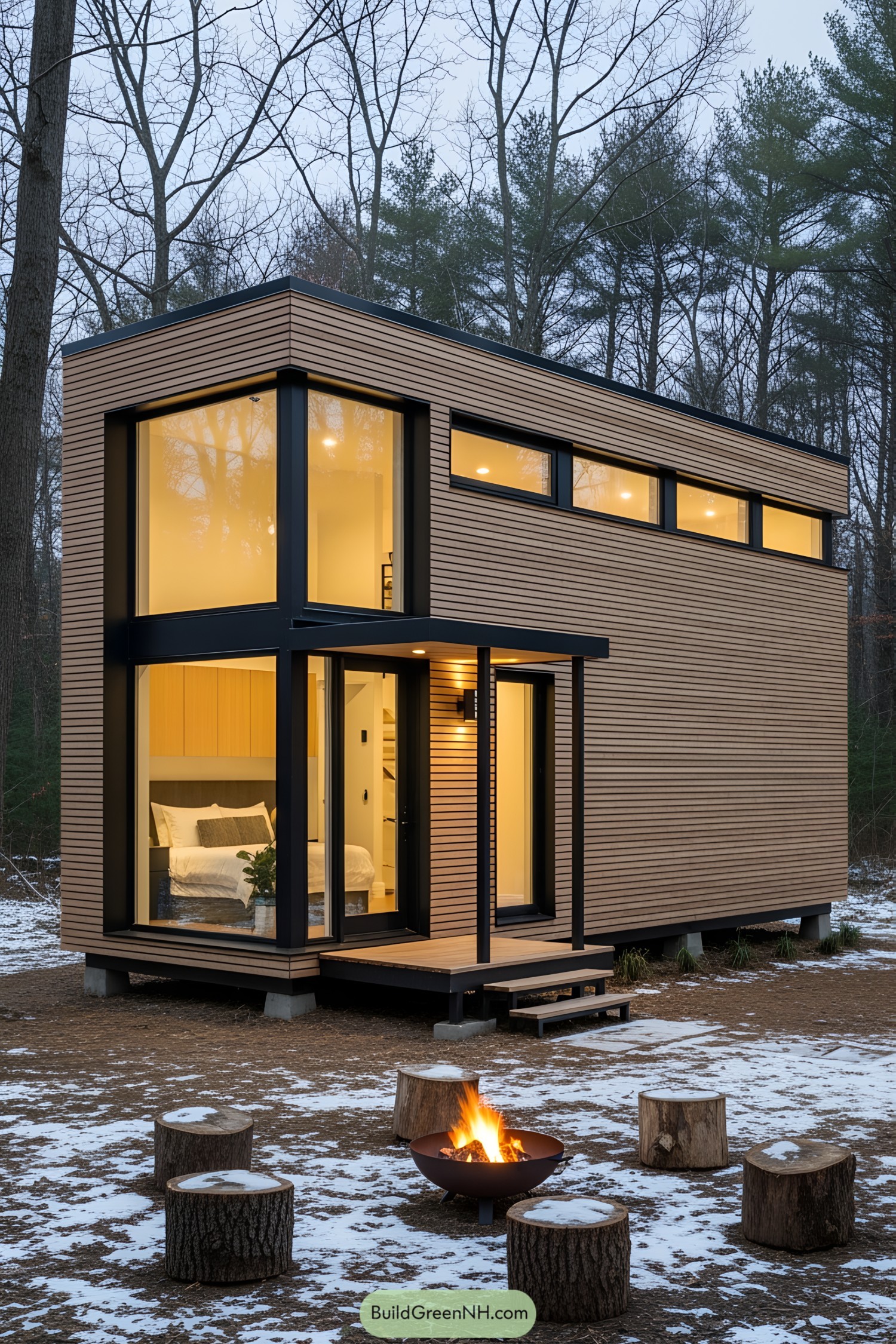 Wooden micro cabin in the woods with warm lighting and fire pit