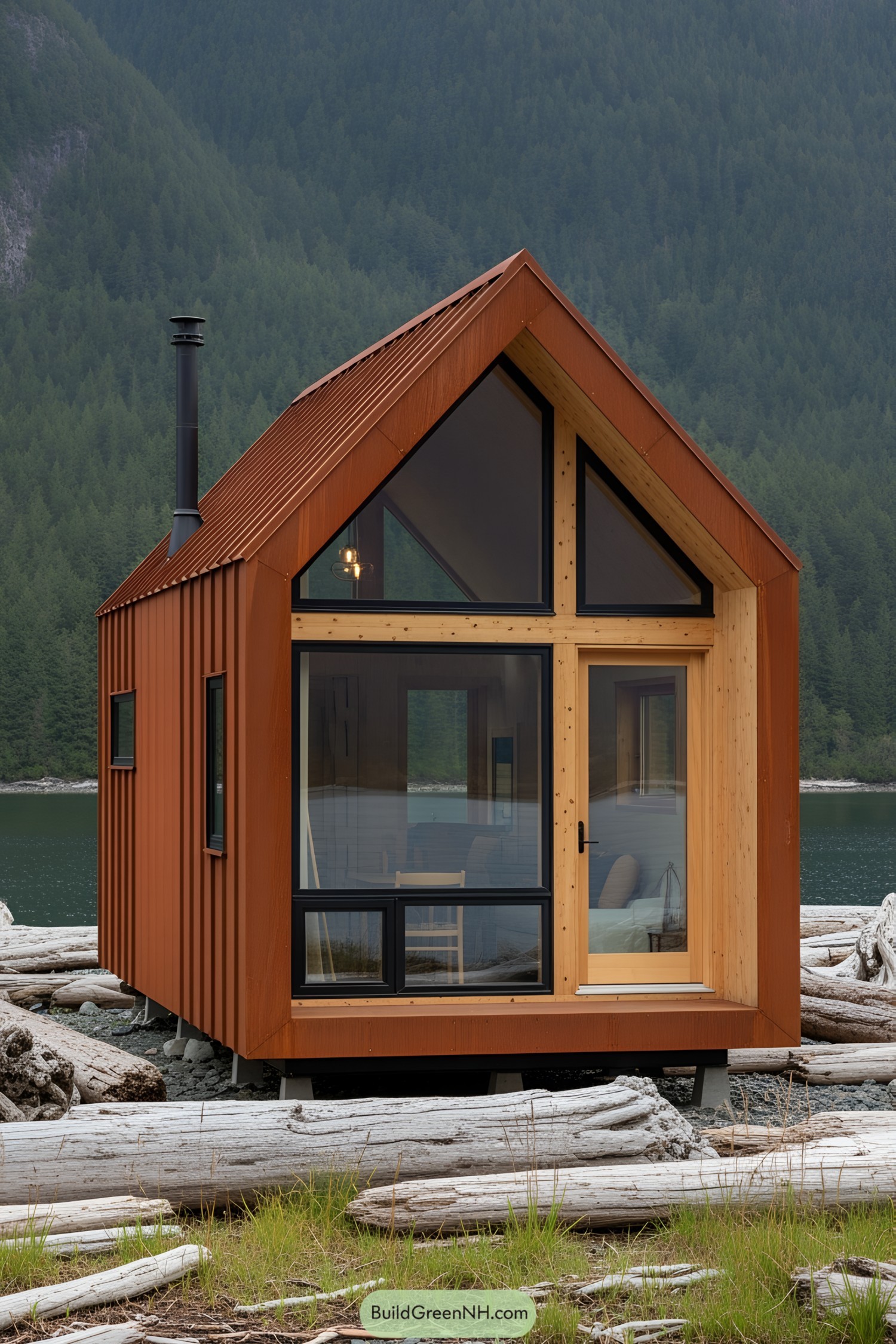 Compact wooden cabin with triangular roof by the lake