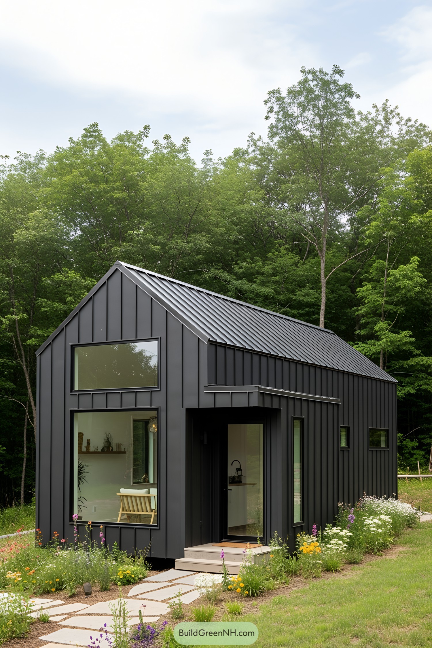 Modern micro cabin with black metal exterior in a forest setting