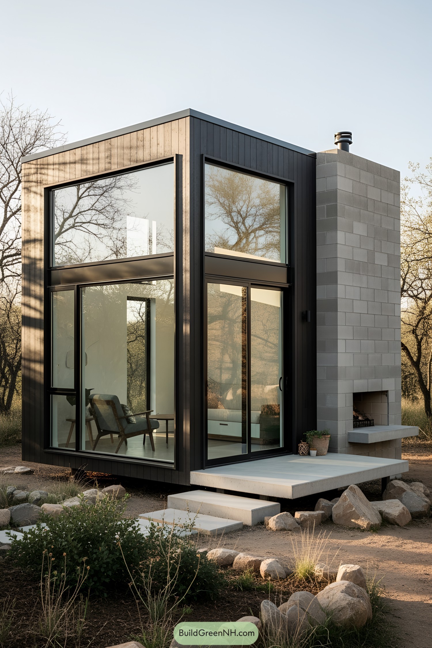 Modern micro cabin with large glass windows and a sleek design