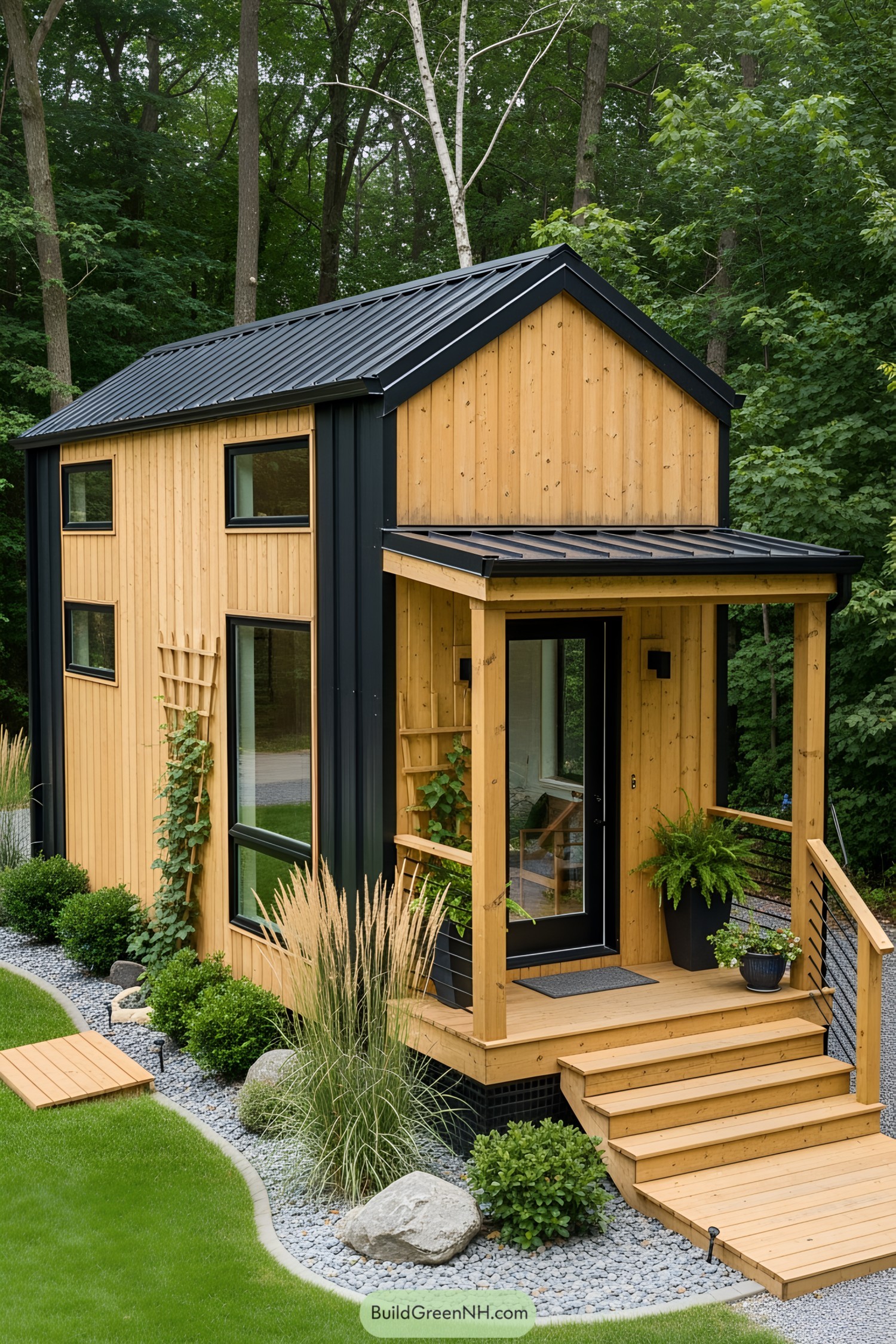 Modern micro cabin embraced by lush greenery