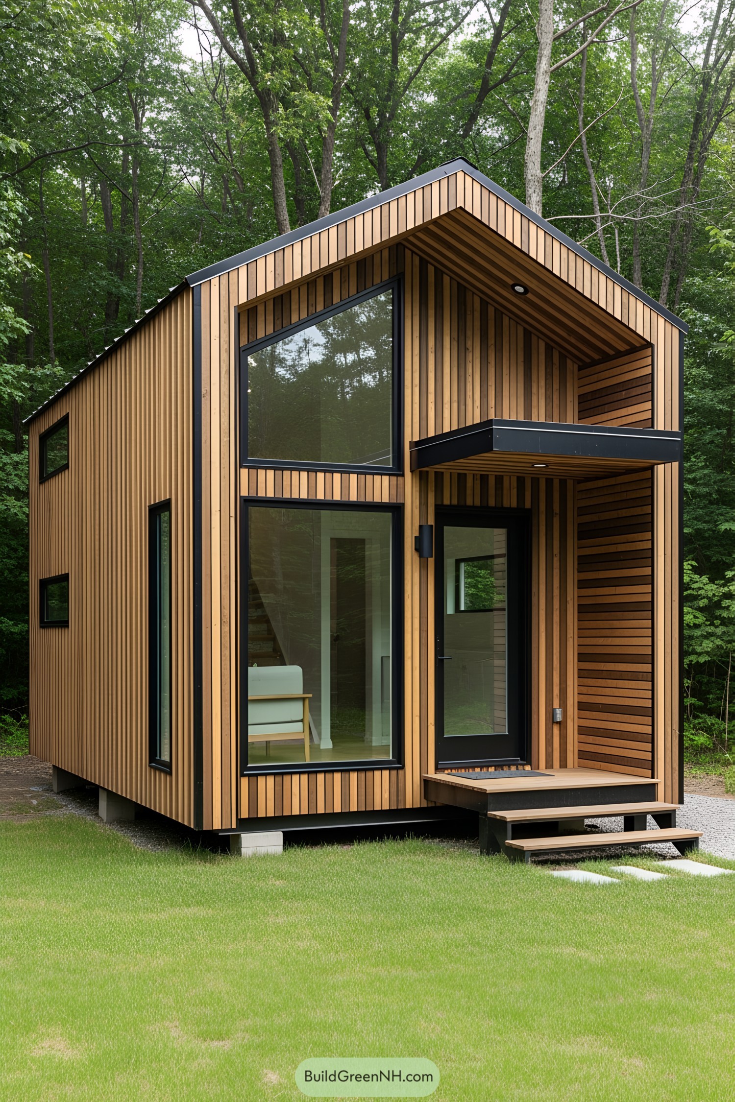 Compact cabin with modern wood design in a lush forest setting
