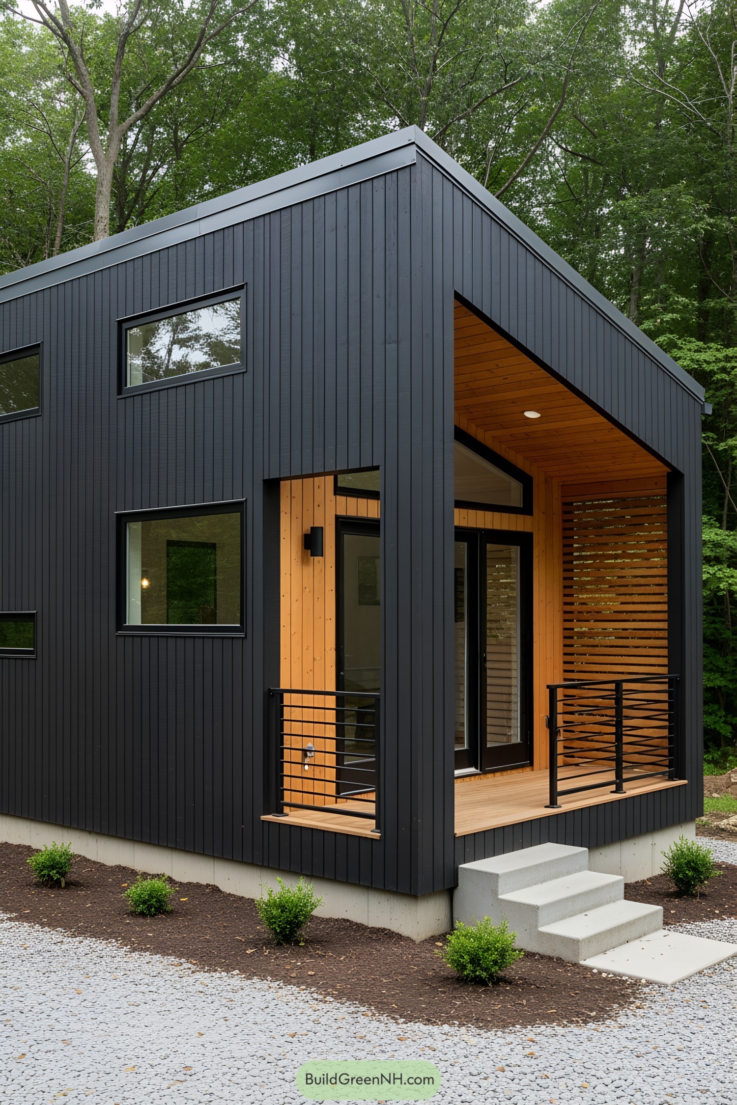 Modern micro cabin with black exterior and wooden entrance