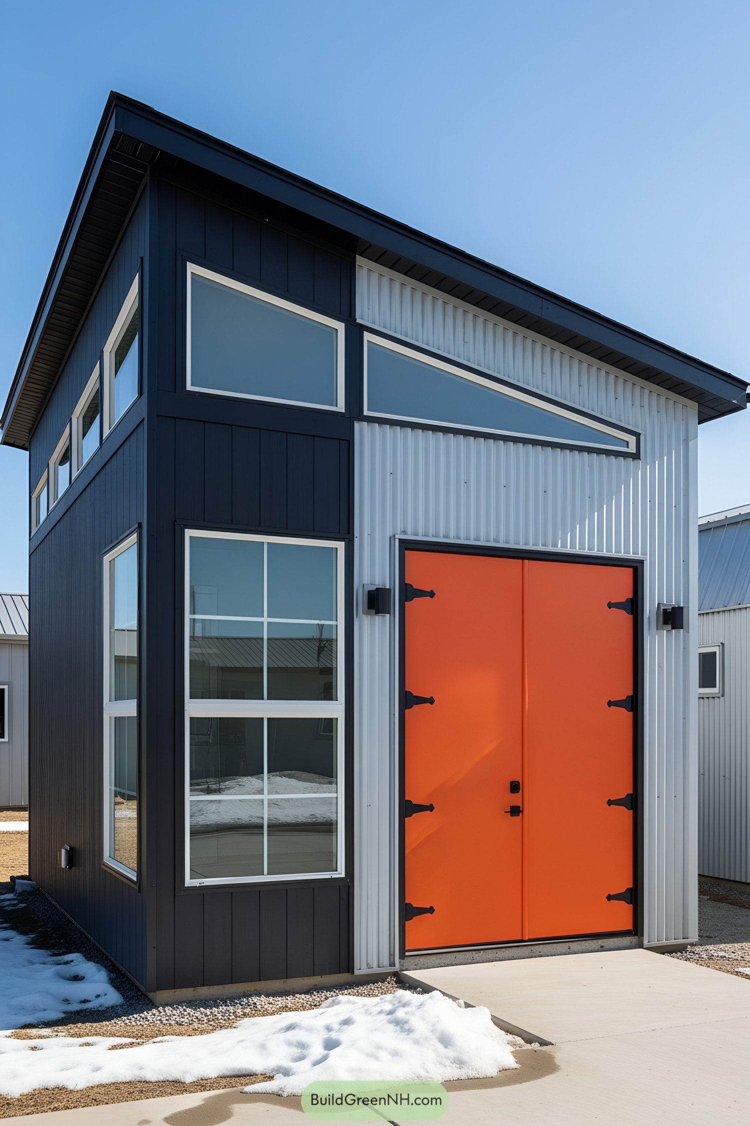 Modern shed with an orange accent door