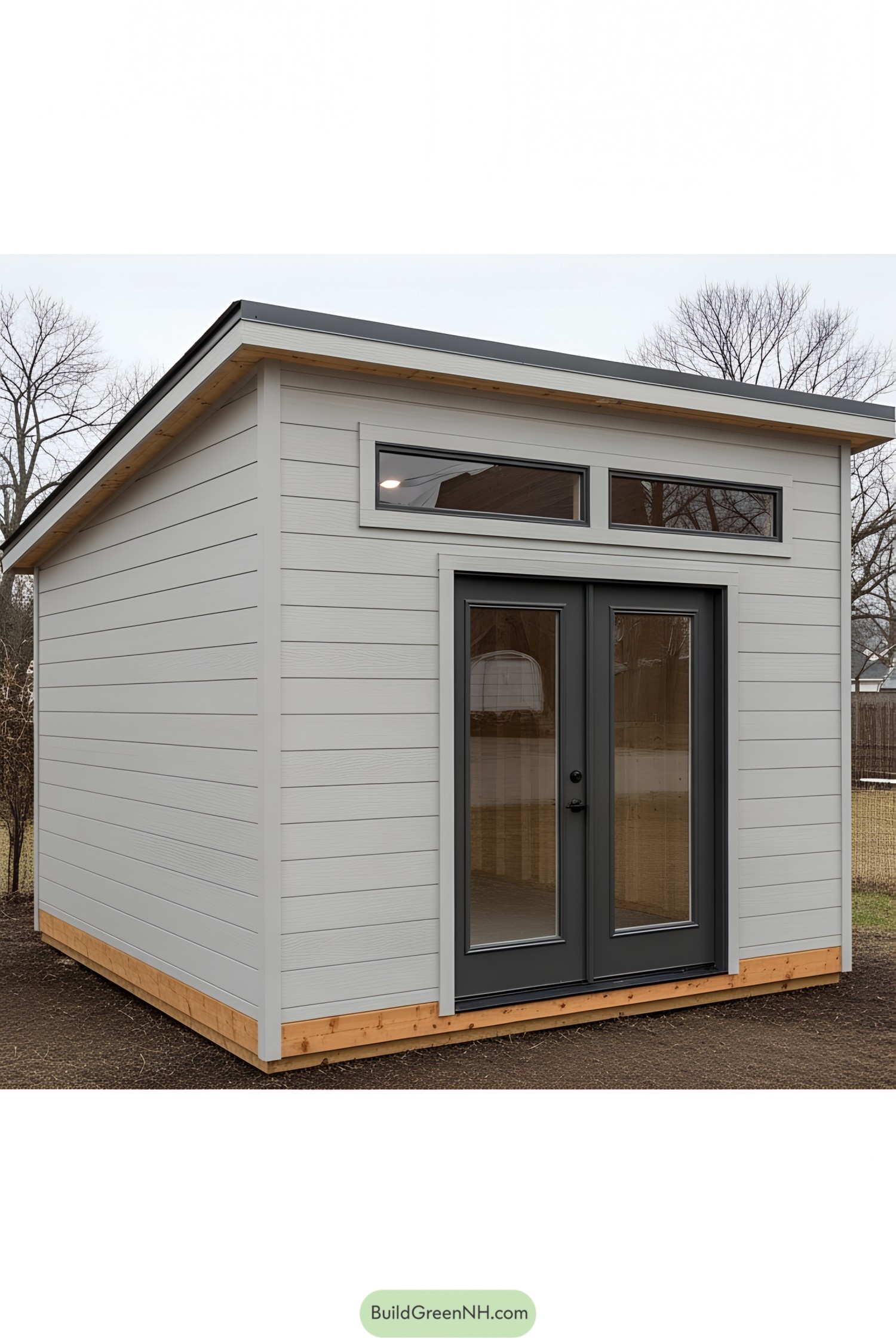 Modern shed with glass doors and windows