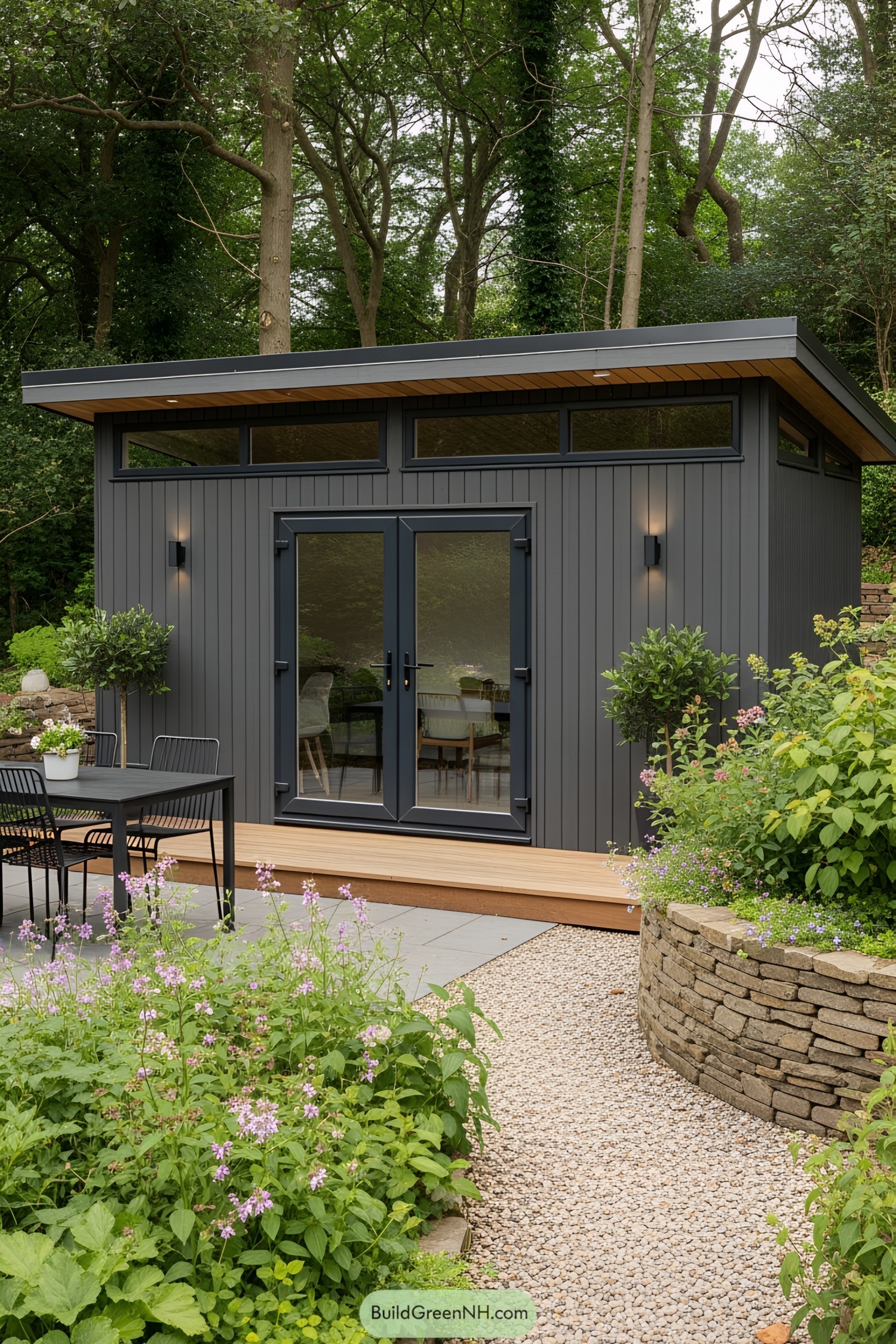 Modern garden shed with glass doors amidst lush greenery