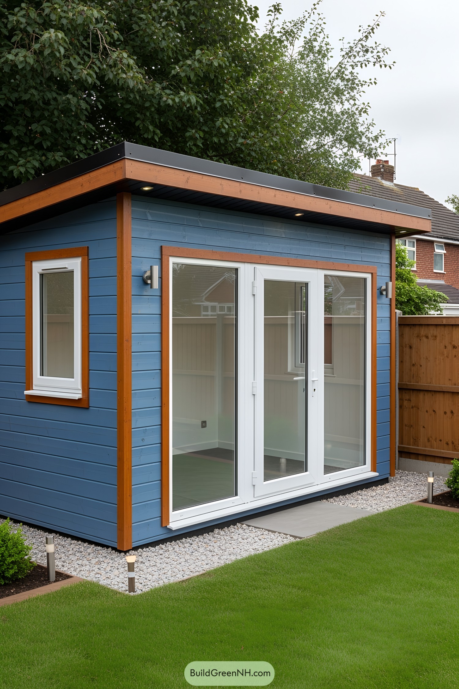Small modern shed with blue siding and large glass doors