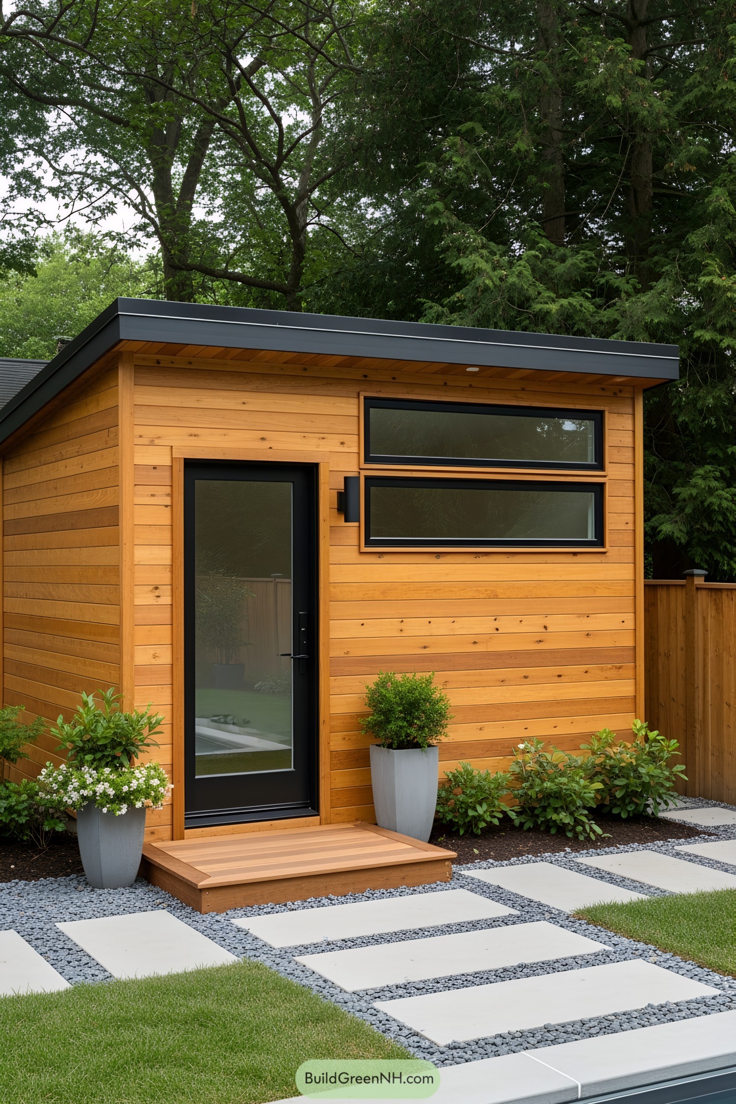 Contemporary shed with wooden siding and geometric pathway