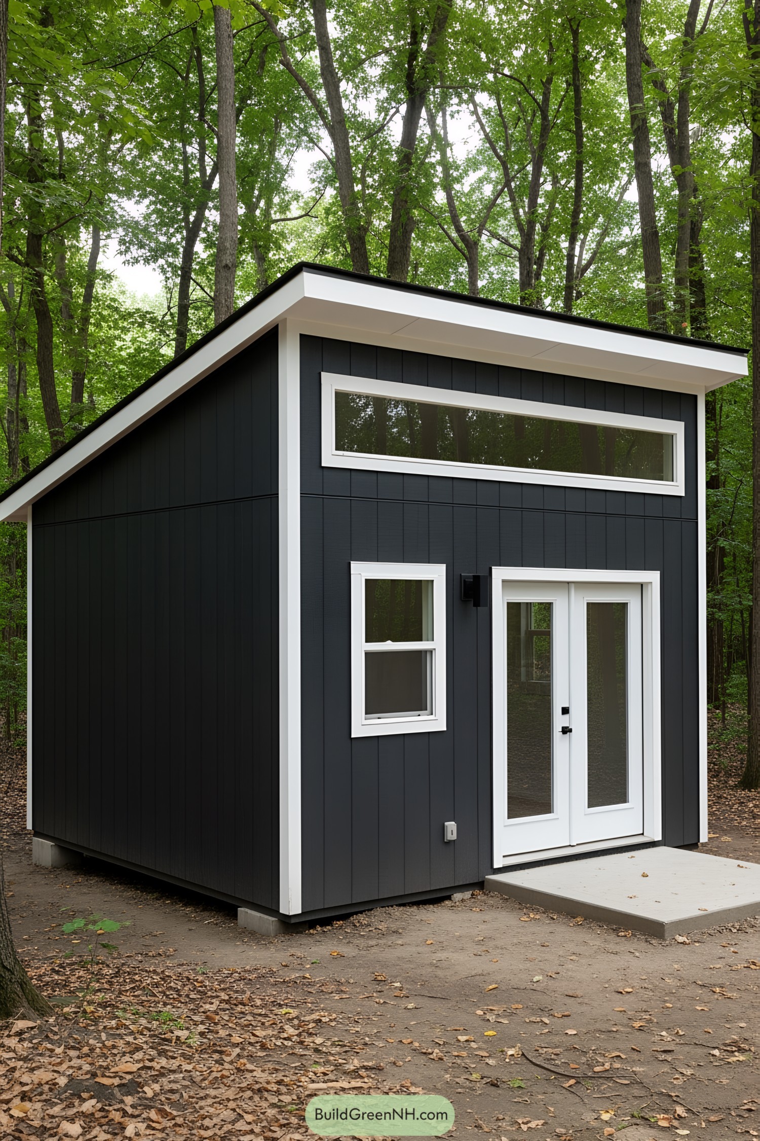 Contemporary shed amidst forest trees