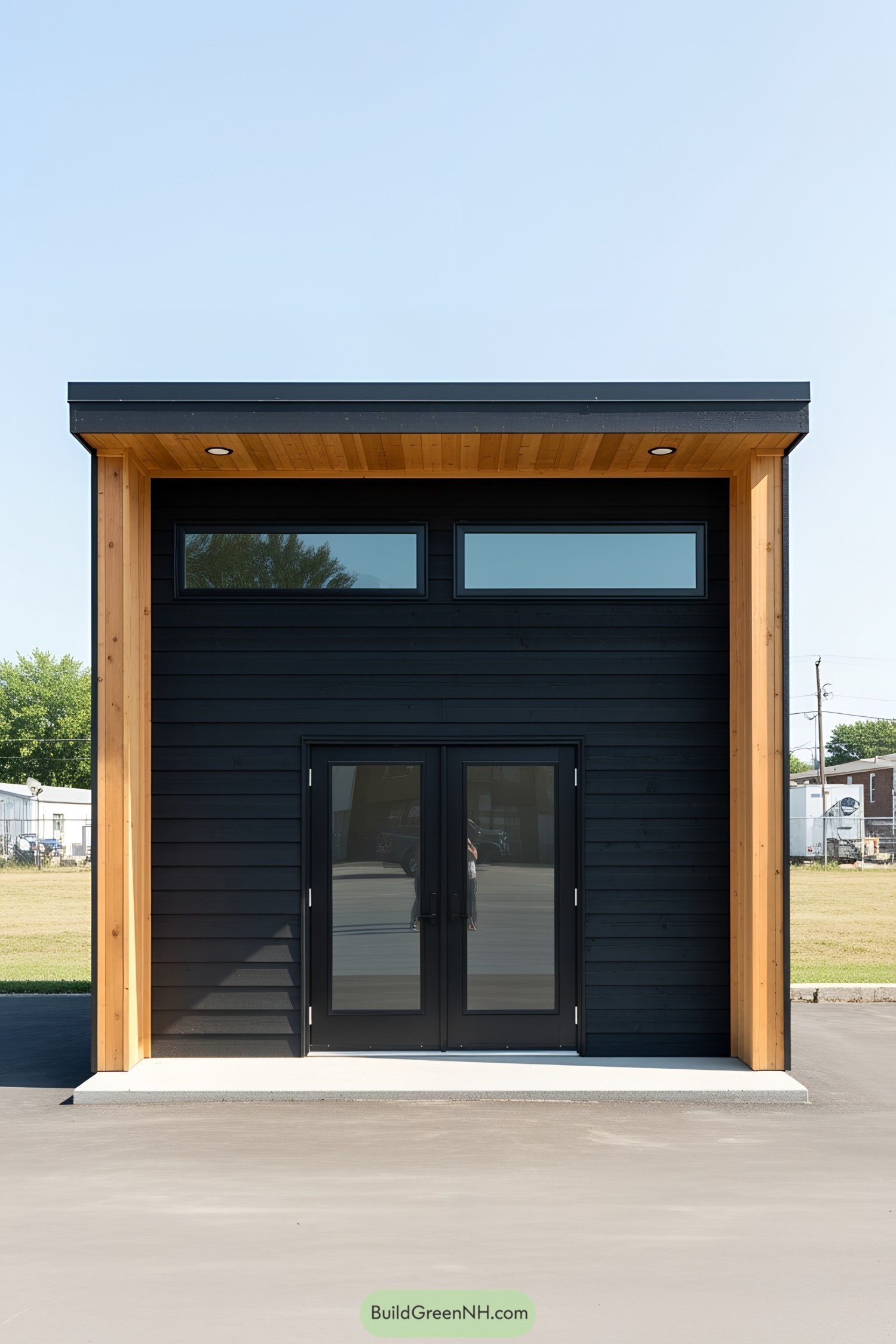Small modern shed with wood accents and sleek design