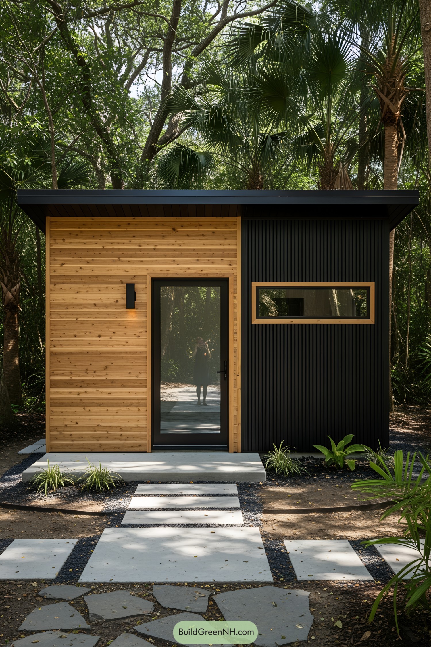 Modern shed with wooden and black paneling nestled among trees