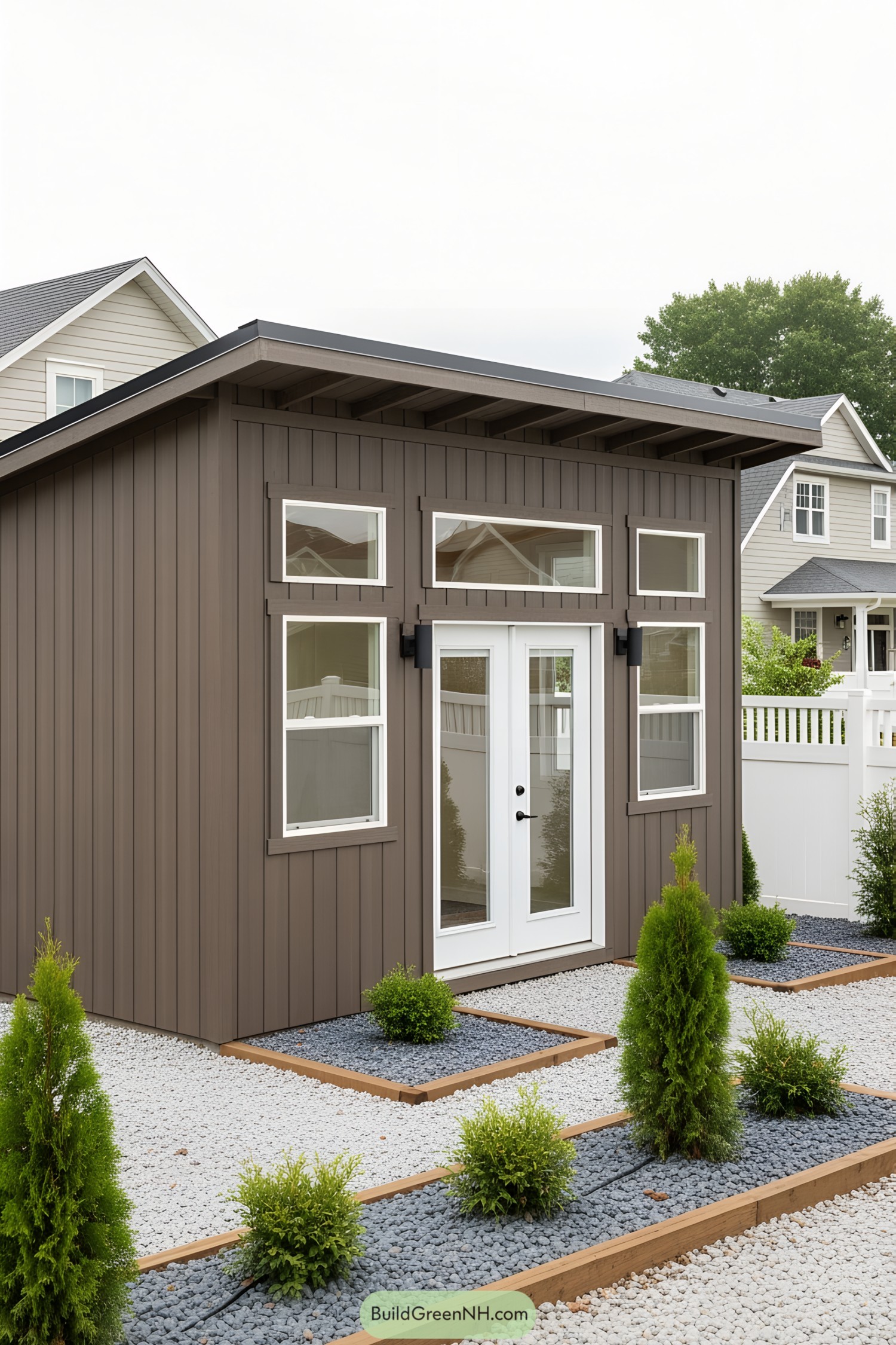 Compact modern shed with brown siding and white trim