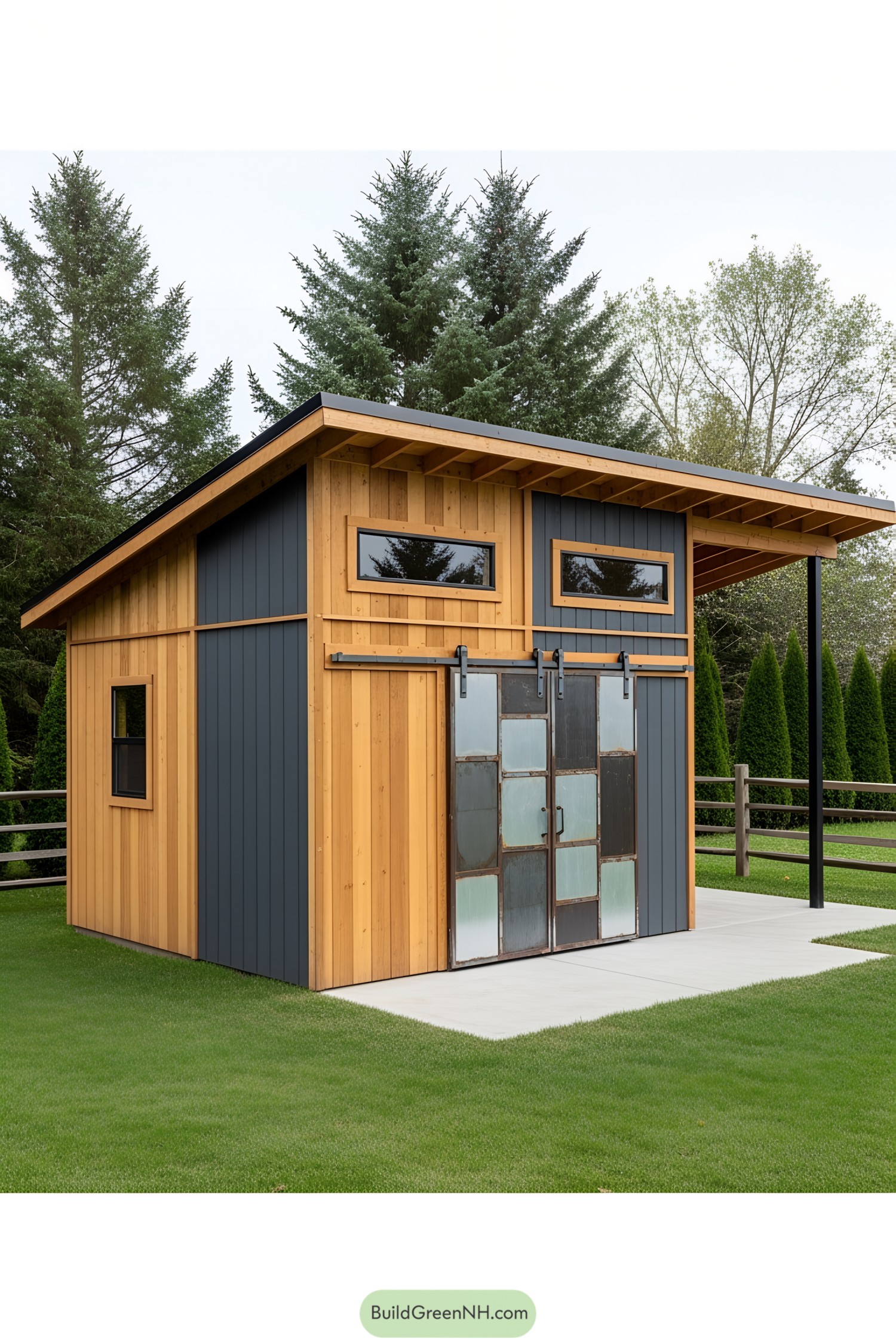 Contemporary shed with mixed wood and metal design