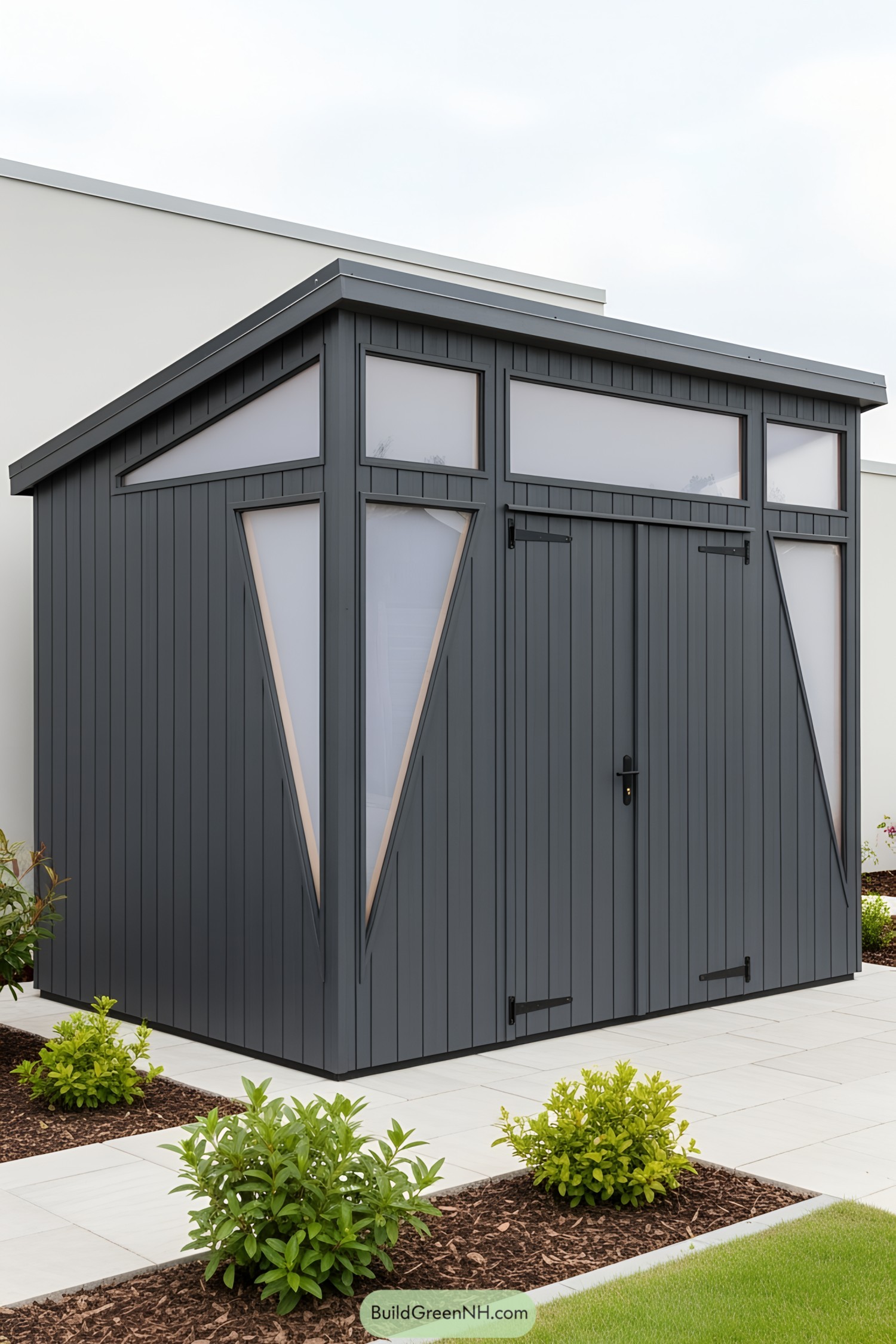 Sleek modern shed with unique geometric windows