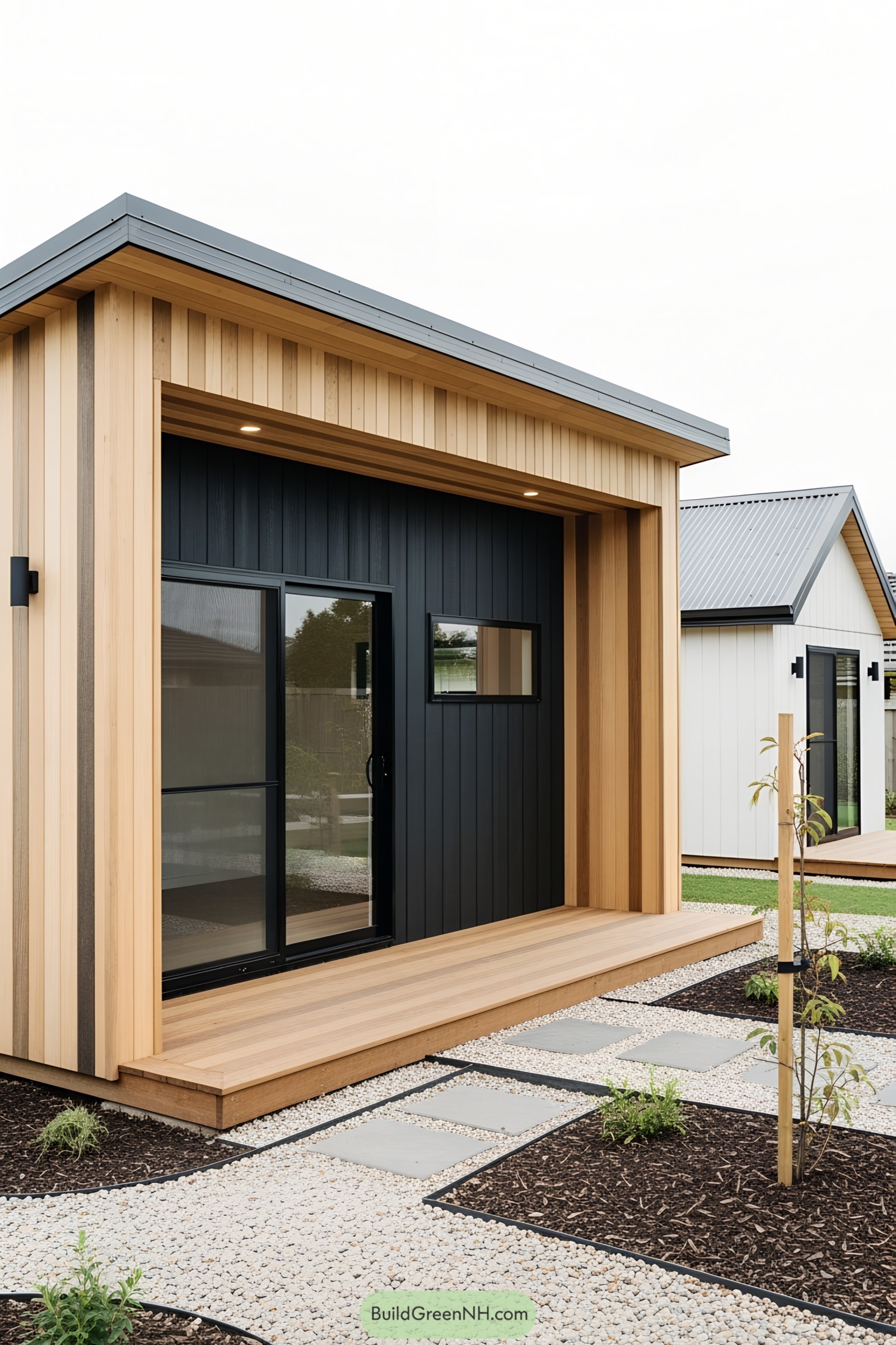 Modern shed with wood and black paneling in a garden setting
