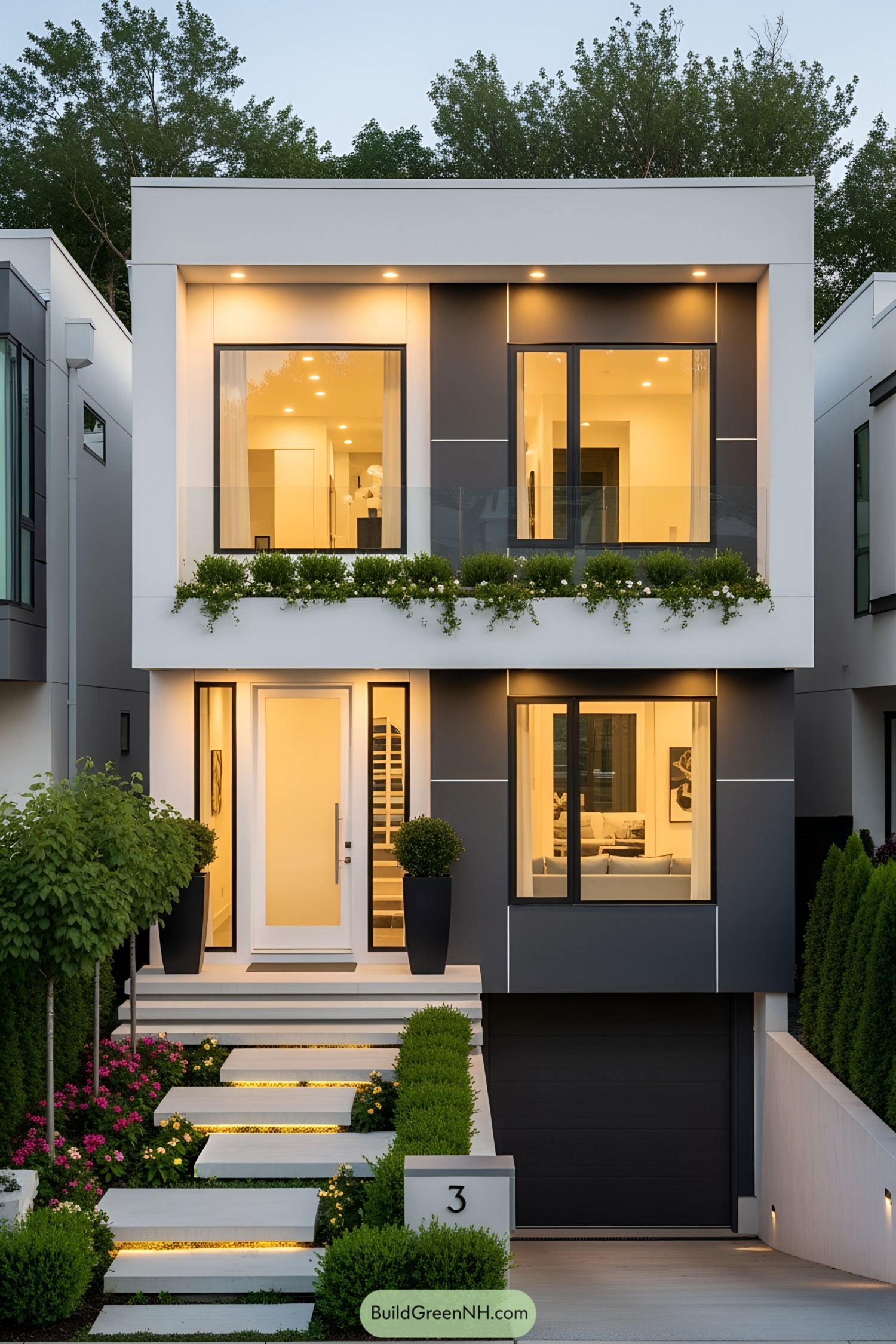 Contemporary small house with sleek design and greenery accents