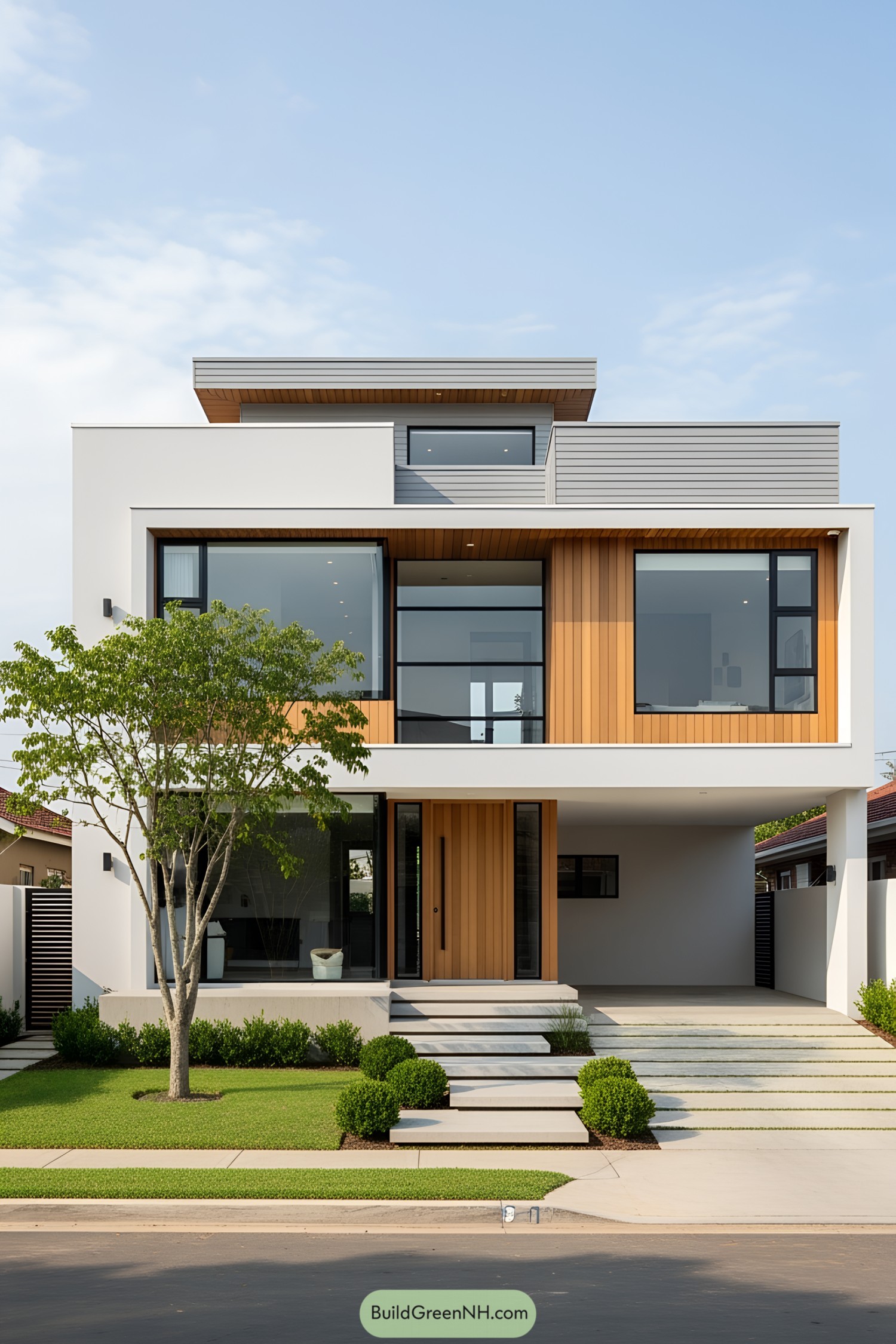 Contemporary house with sleek wooden and glass facade