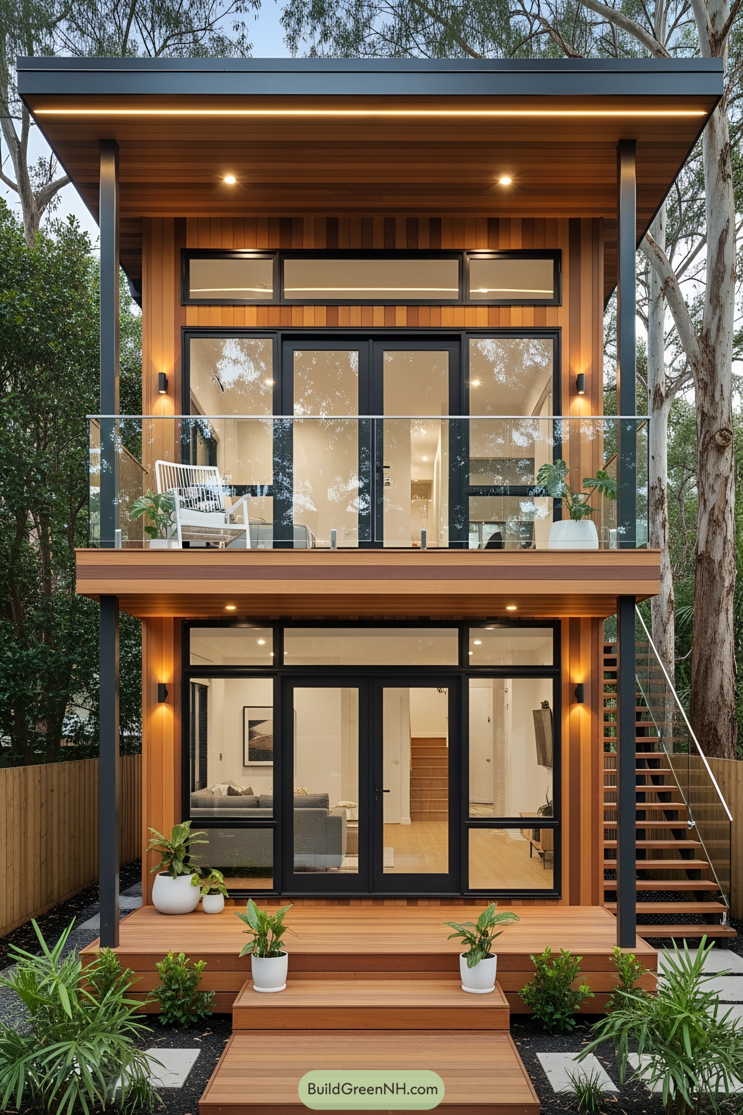 A two-story wooden house with a glass balcony and large windows