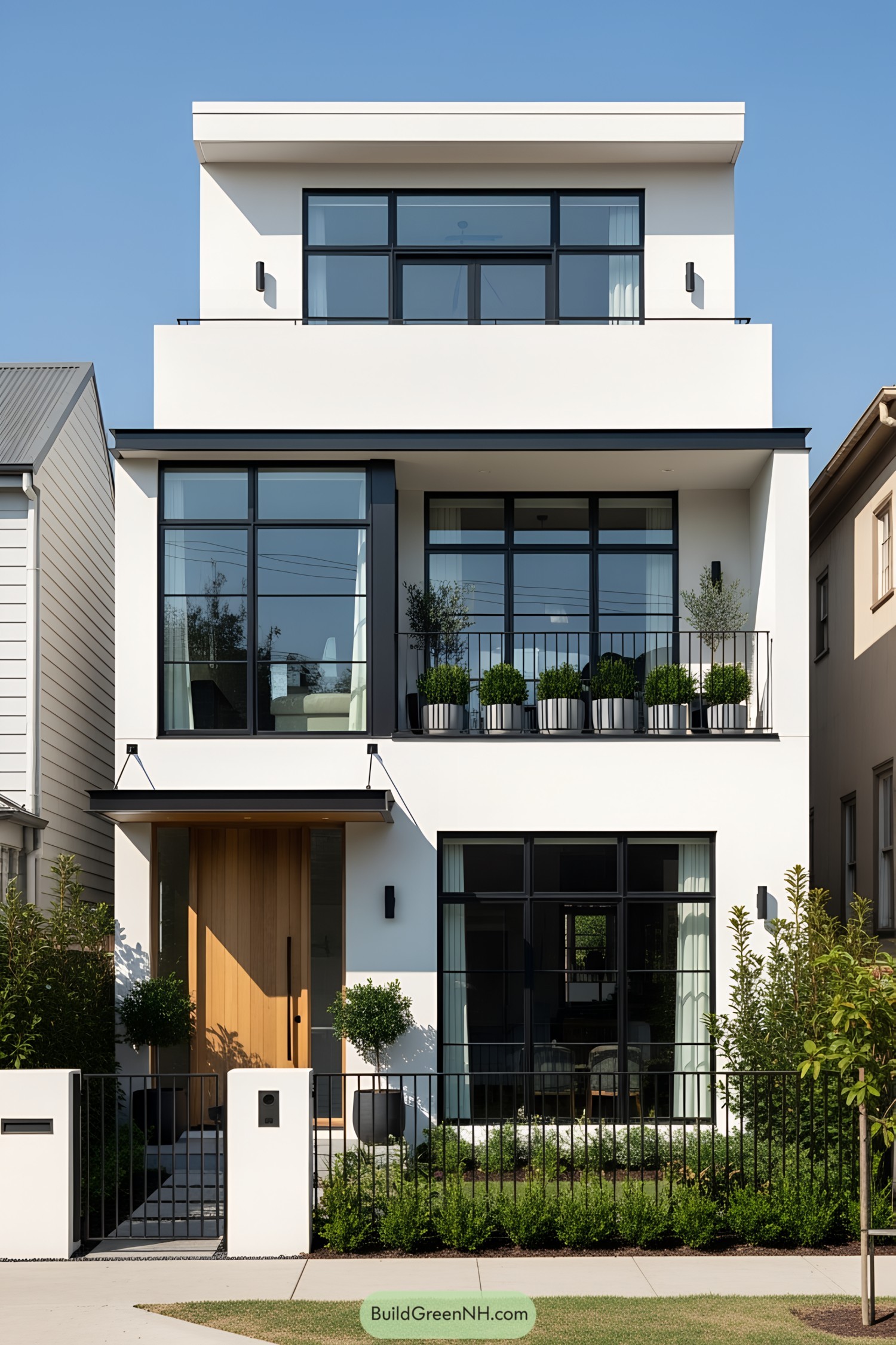 Three-story modern house with large windows and a balcony