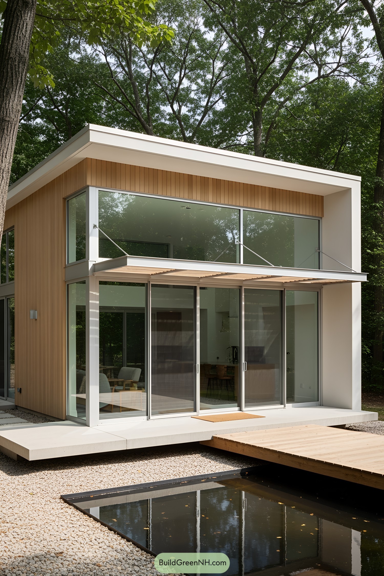 Small modern house with large windows and a wooden deck