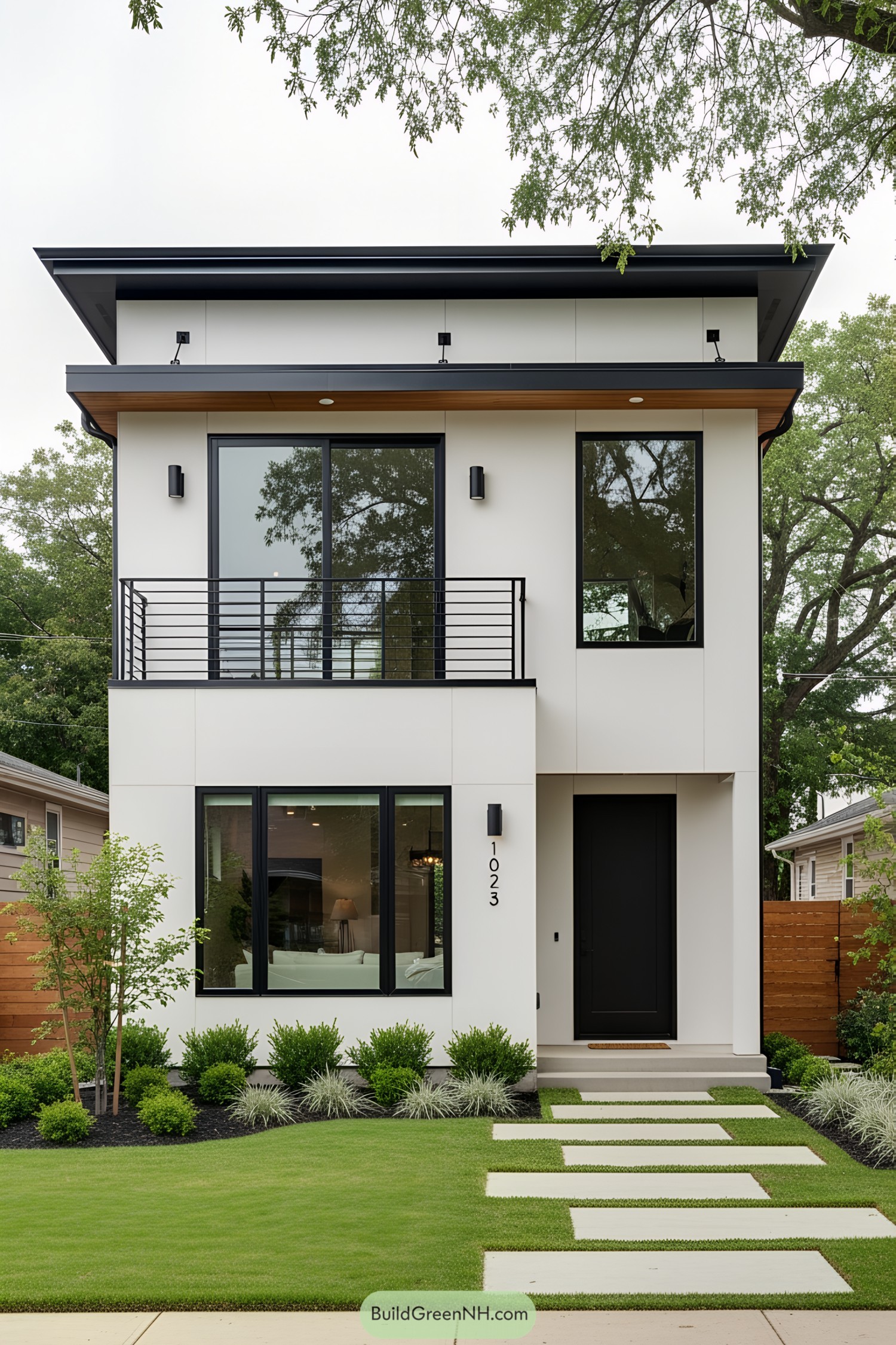 Small modern house with large windows and a minimalist front yard