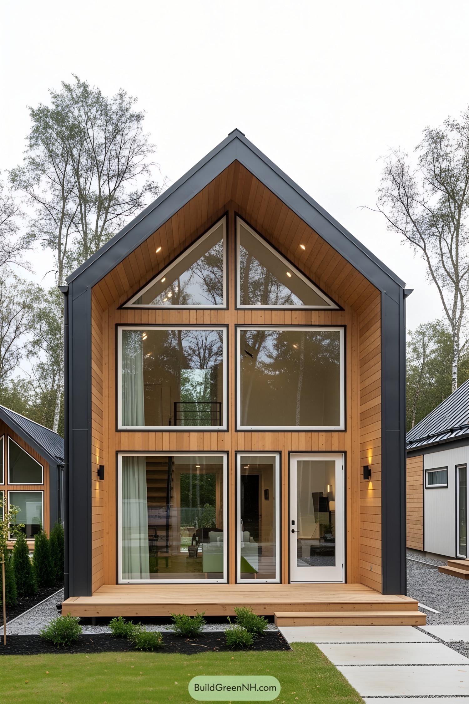 Modern house with large windows and wooden exterior
