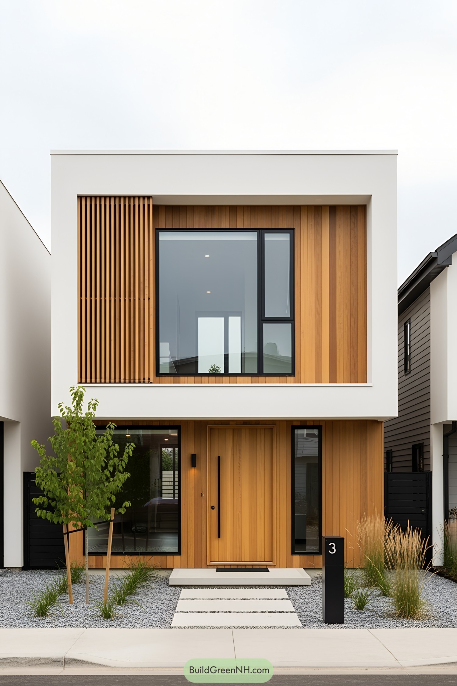 Compact modern house with wooden accents and large windows