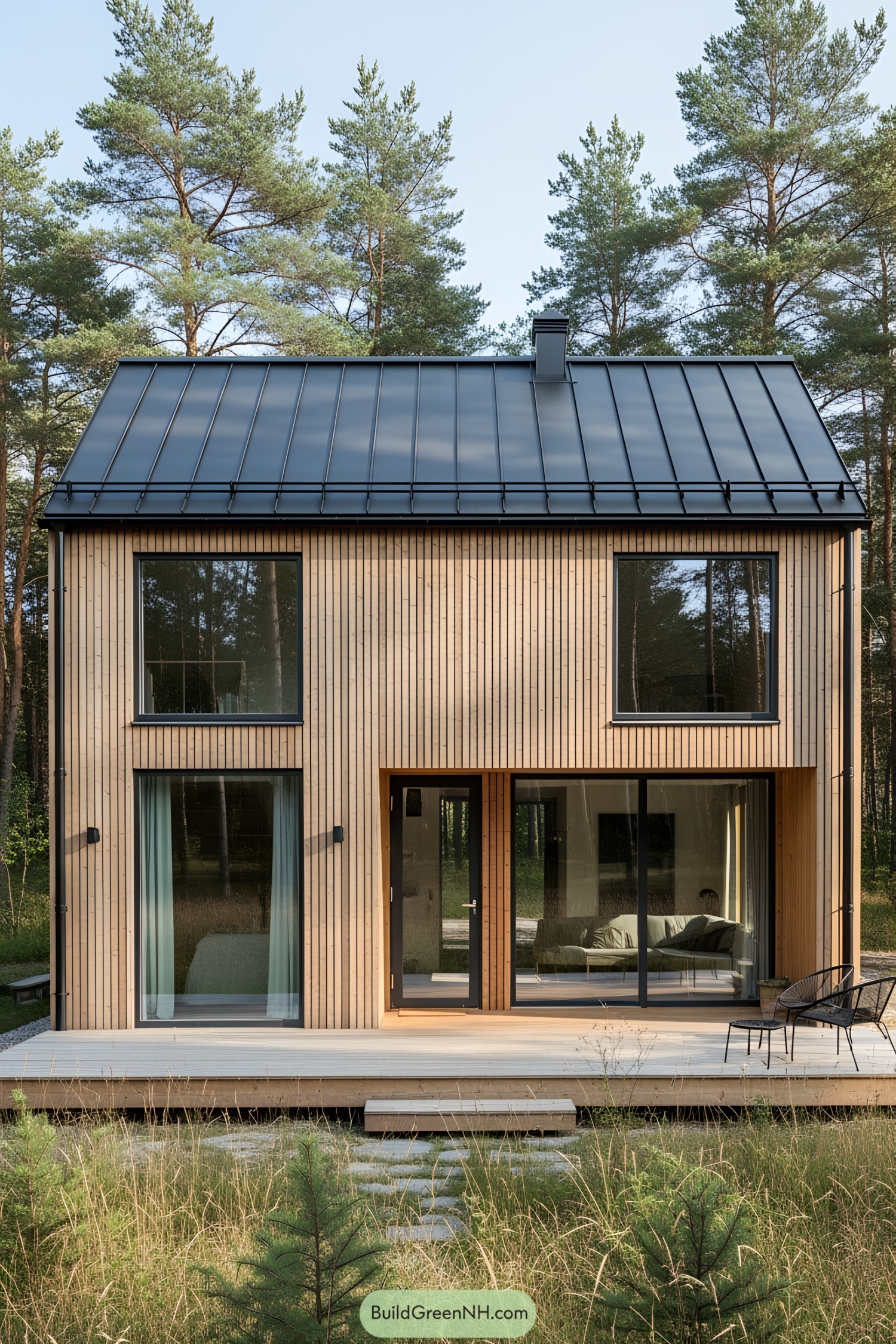 Compact wooden house with large windows in a forest setting