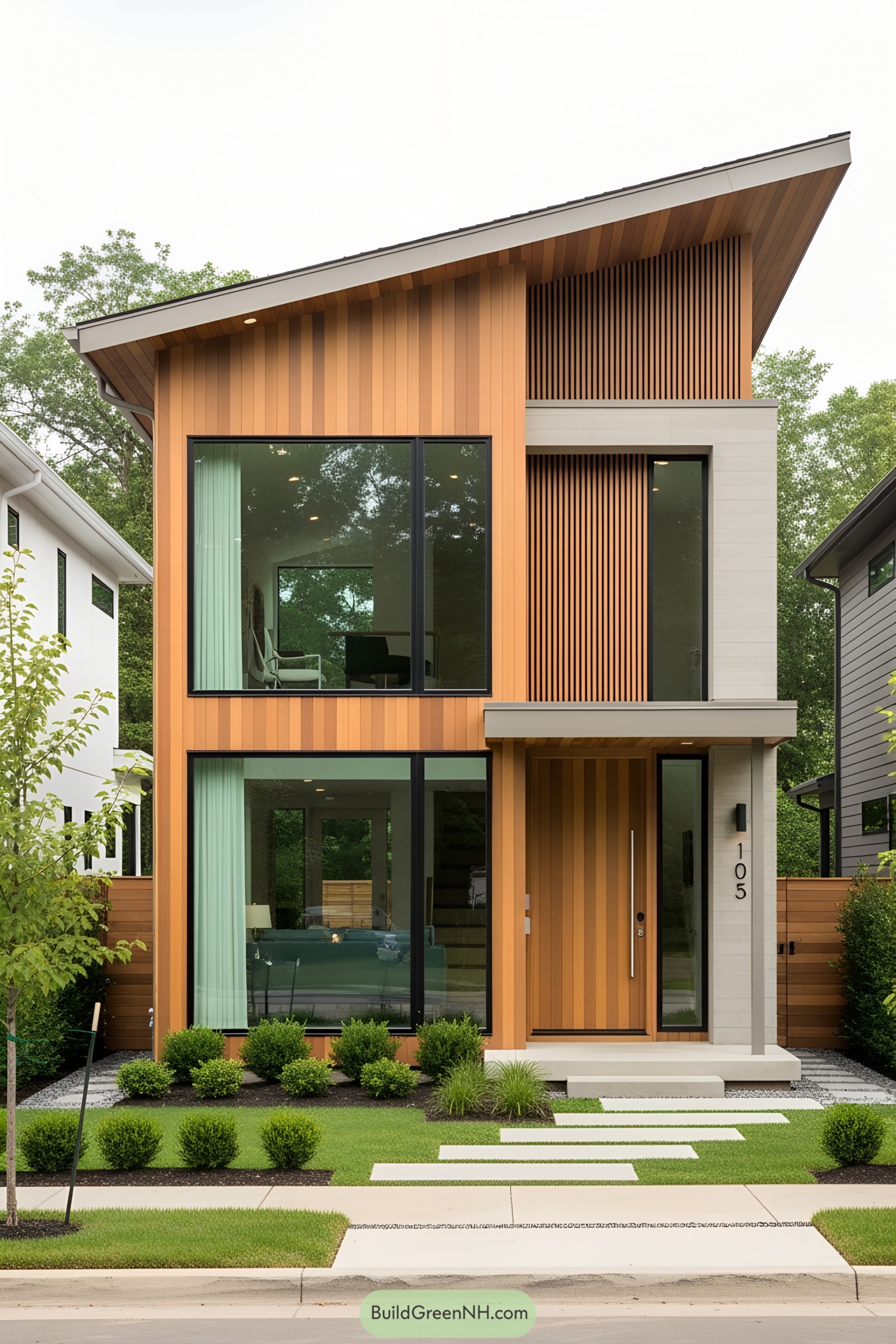 Contemporary small house with large windows and a slanted roof