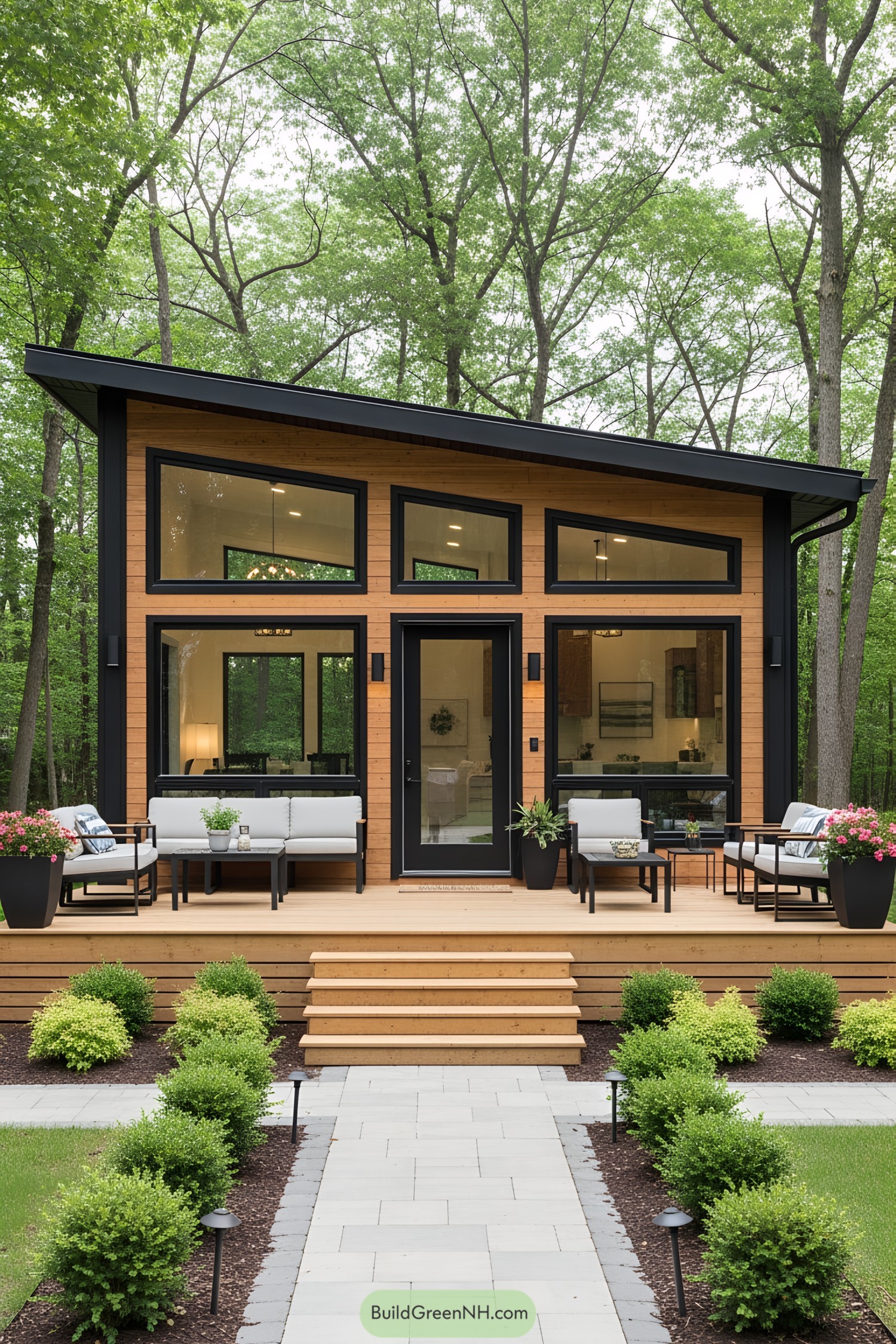Stylish small house with deck in a forest setting