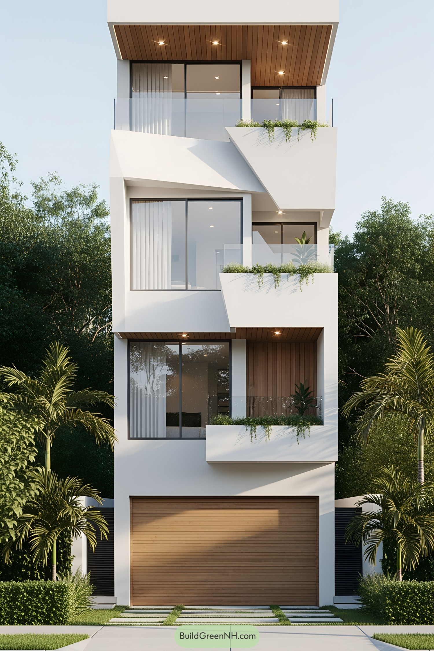Tall, white modern house with staggered balconies and lush greenery