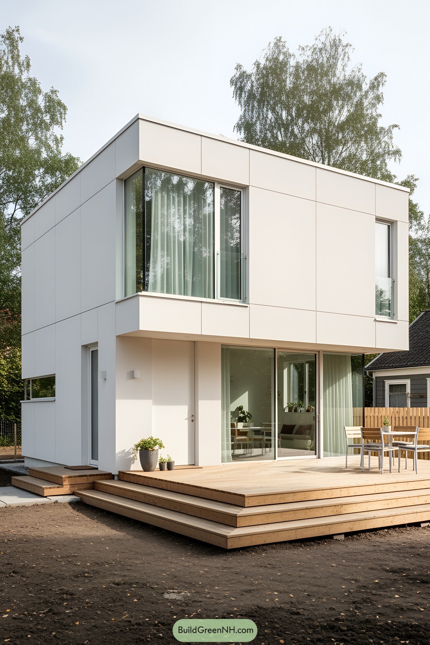 Modern small house with sleek design and wooden deck