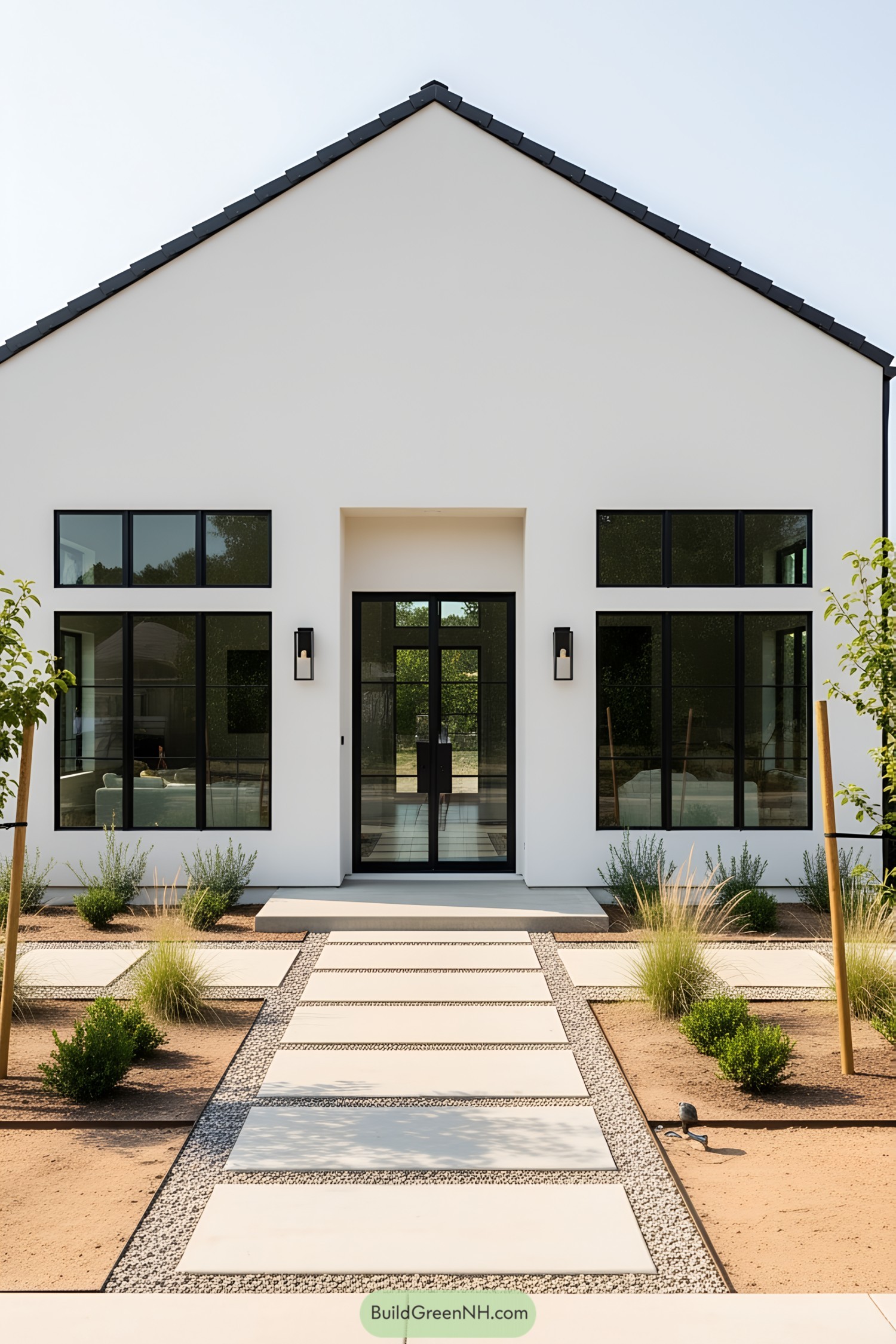 Contemporary small house with a simple façade and black-framed windows