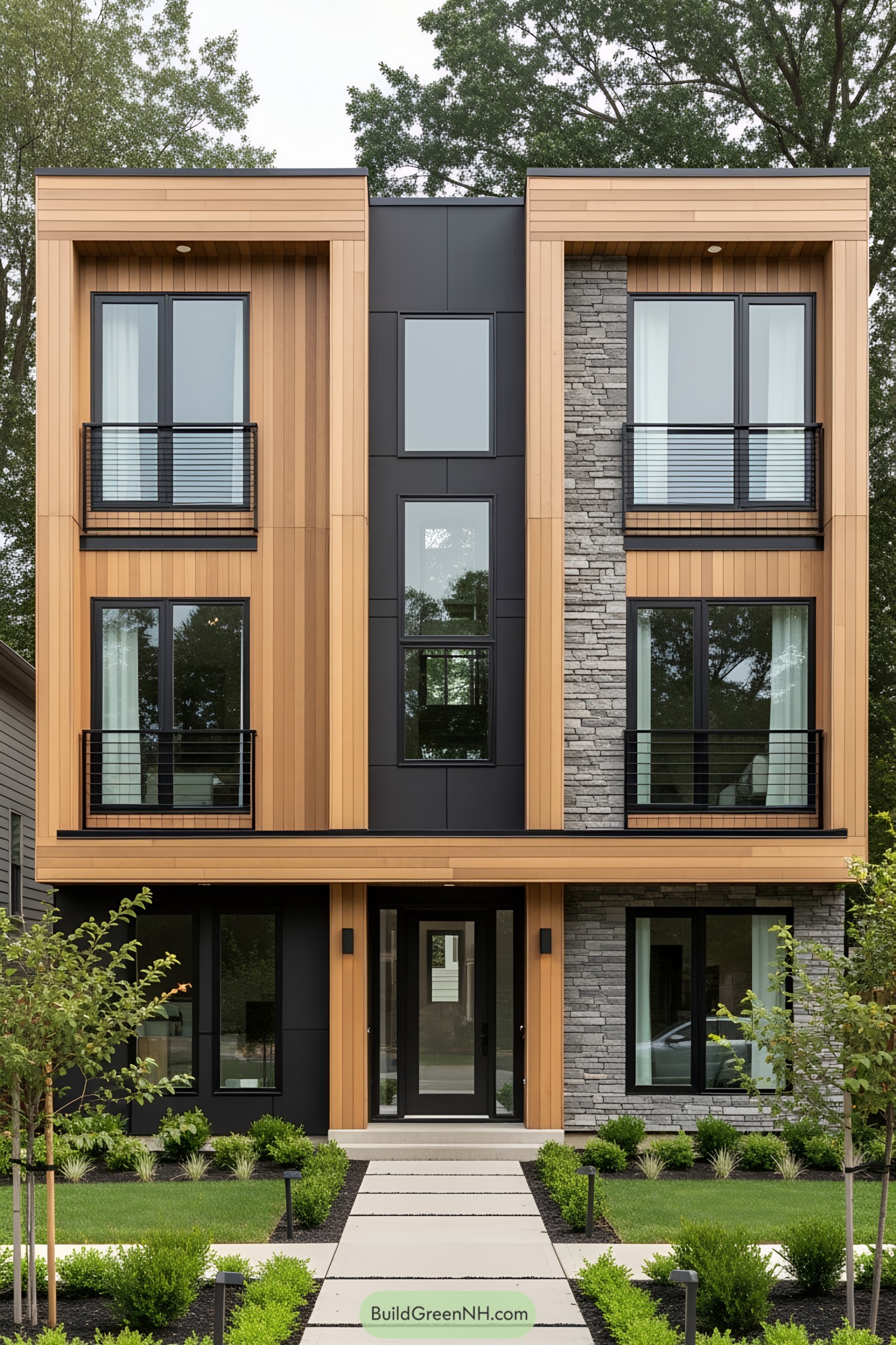 Tall modern house with wood and stone facade