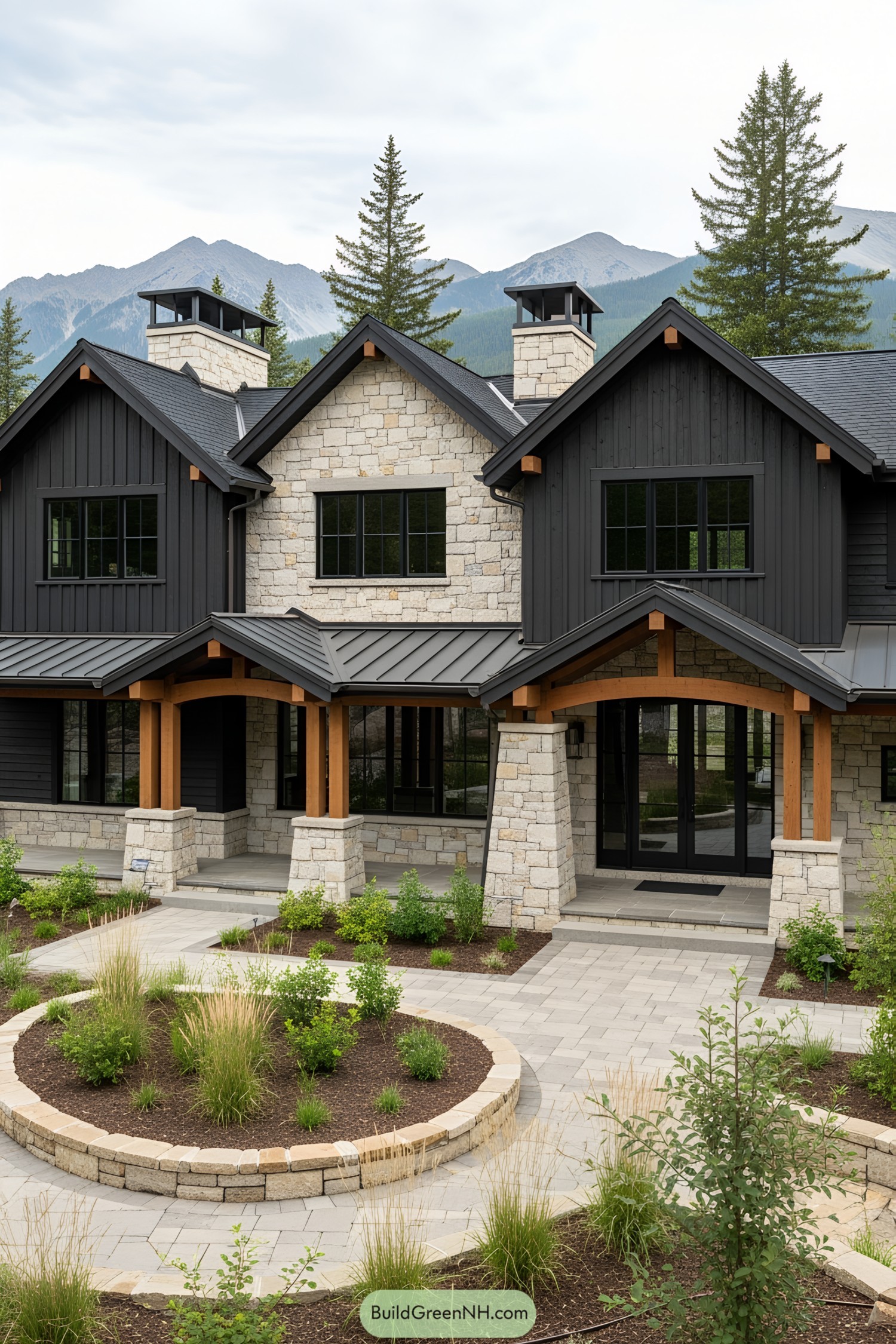 Stone and wood mountain ranch house with a circular garden feature