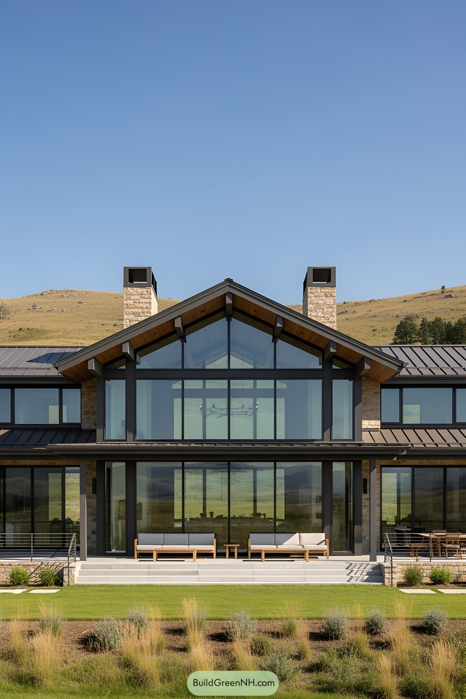 Modern ranch house with a glass facade and stone chimneys