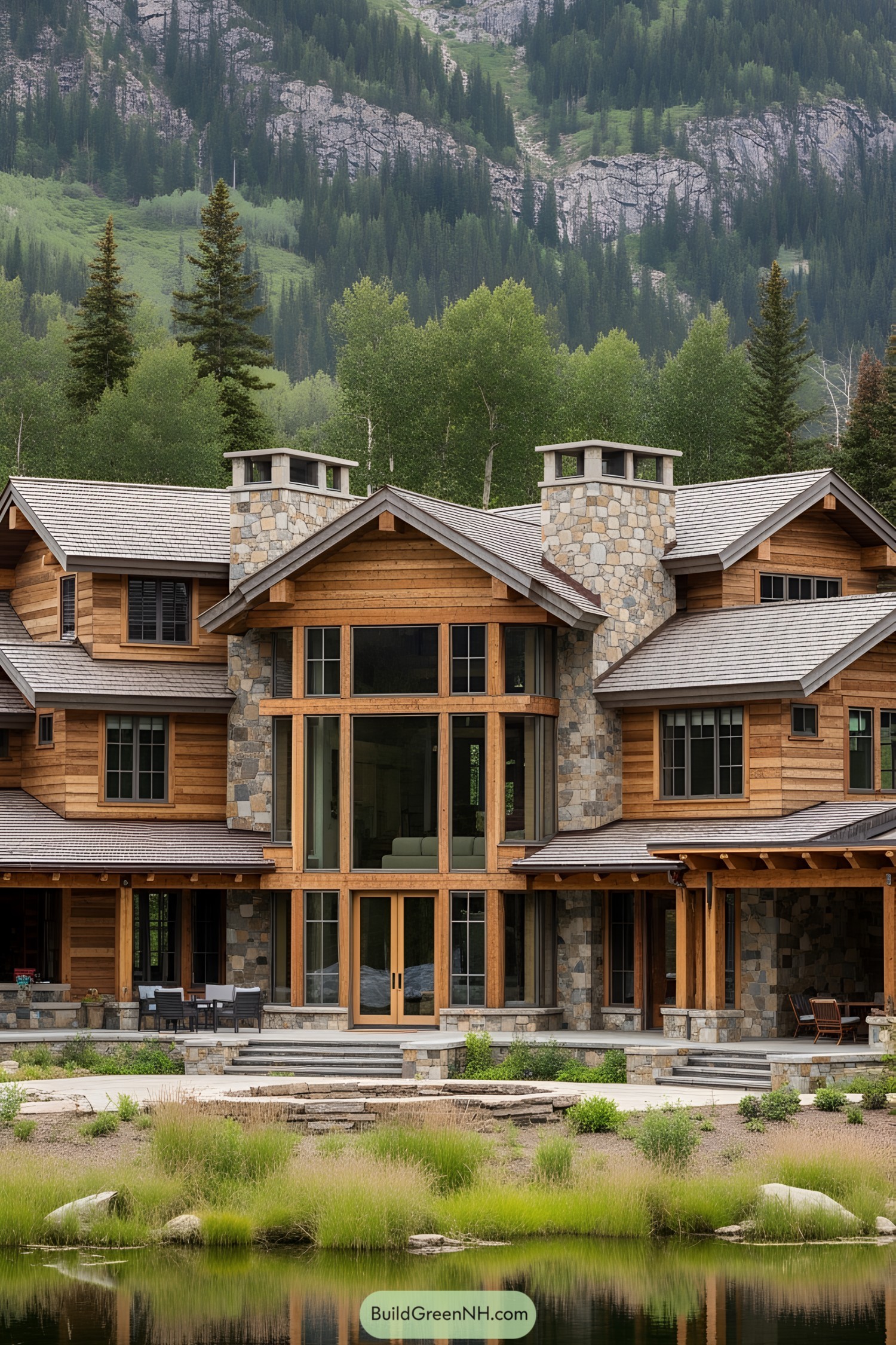 Wood and stone mountain ranch house with large windows