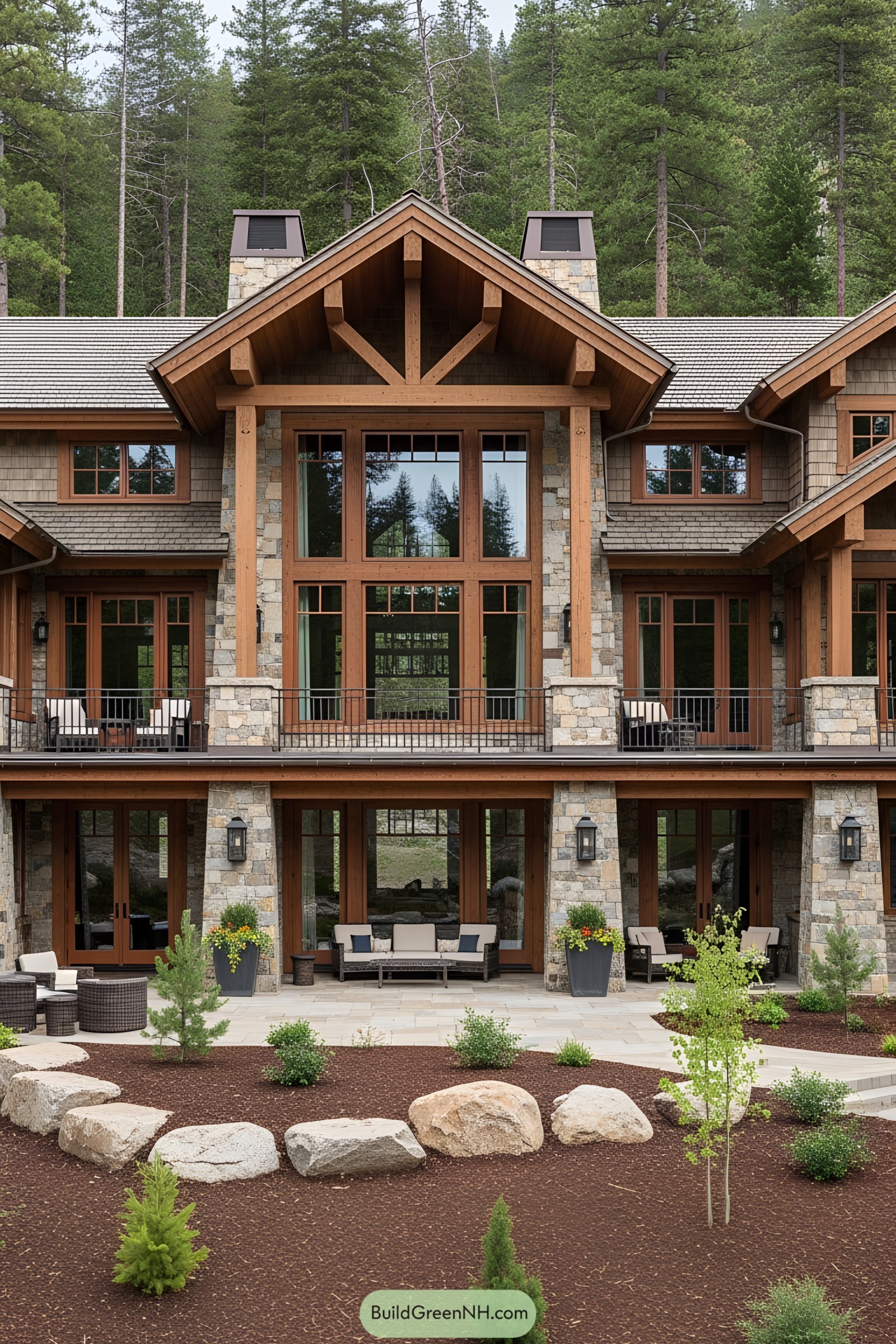 Charming stone and wood ranch house with large windows