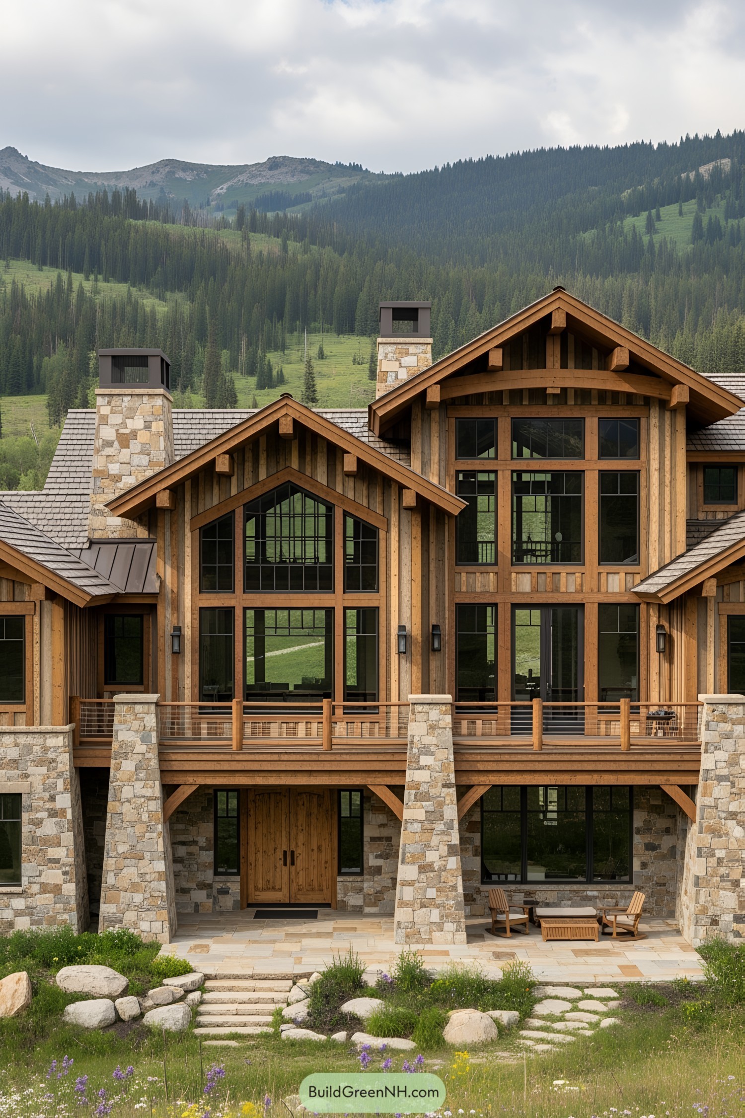 Mountain ranch house with stone and timber design