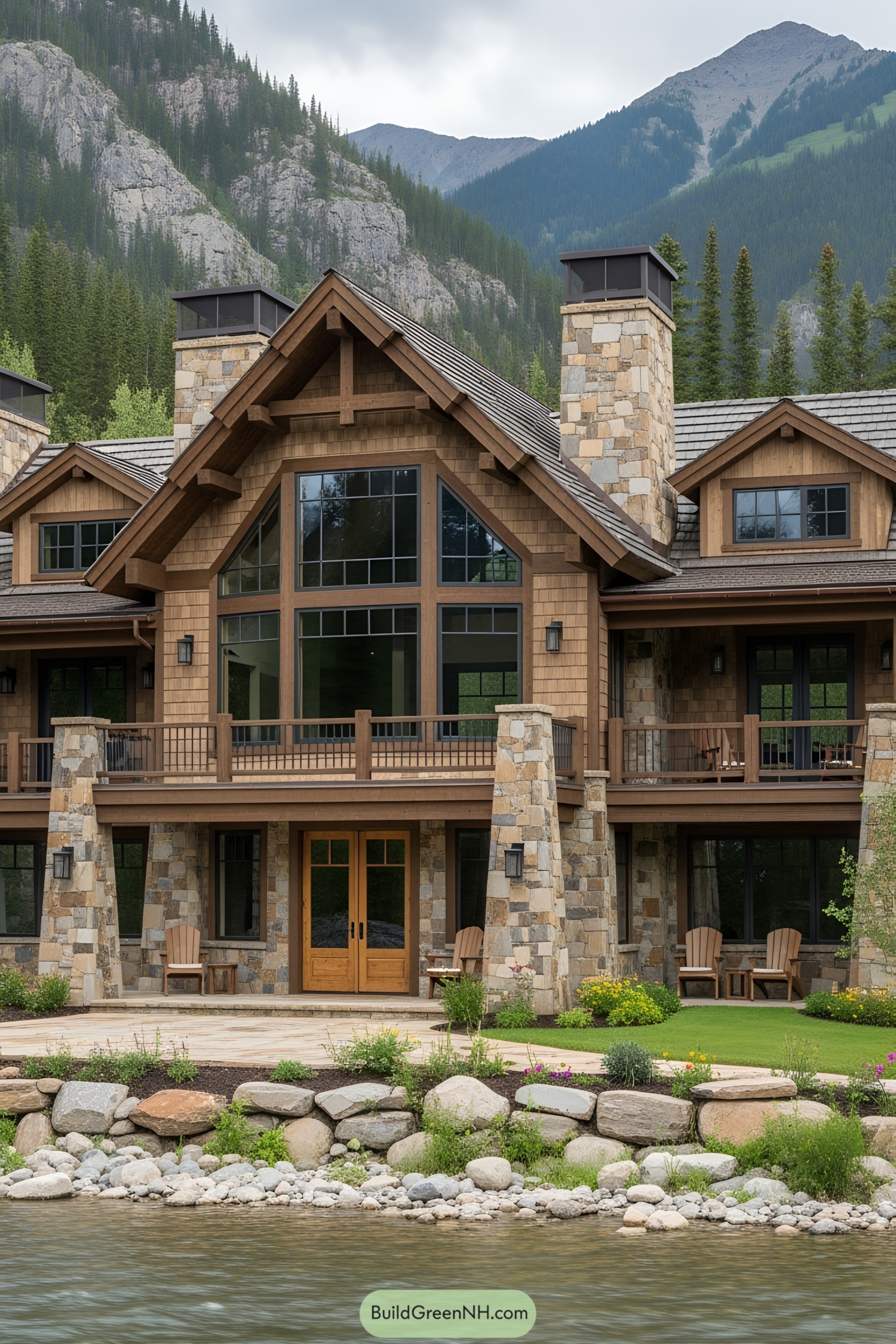 Wooden and stone mountain ranch house by a river