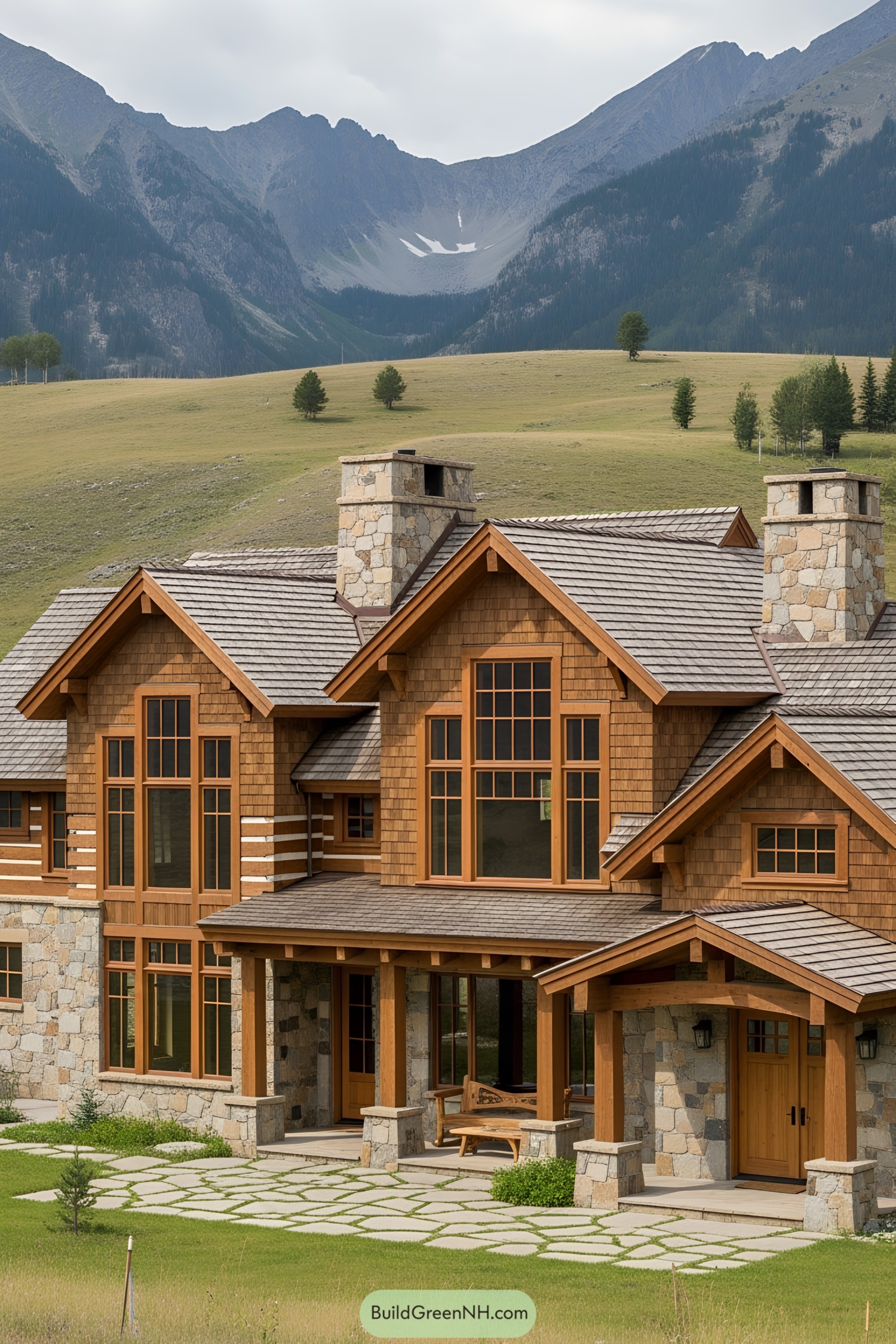 Wooden ranch house with stone chimneys in a mountain setting