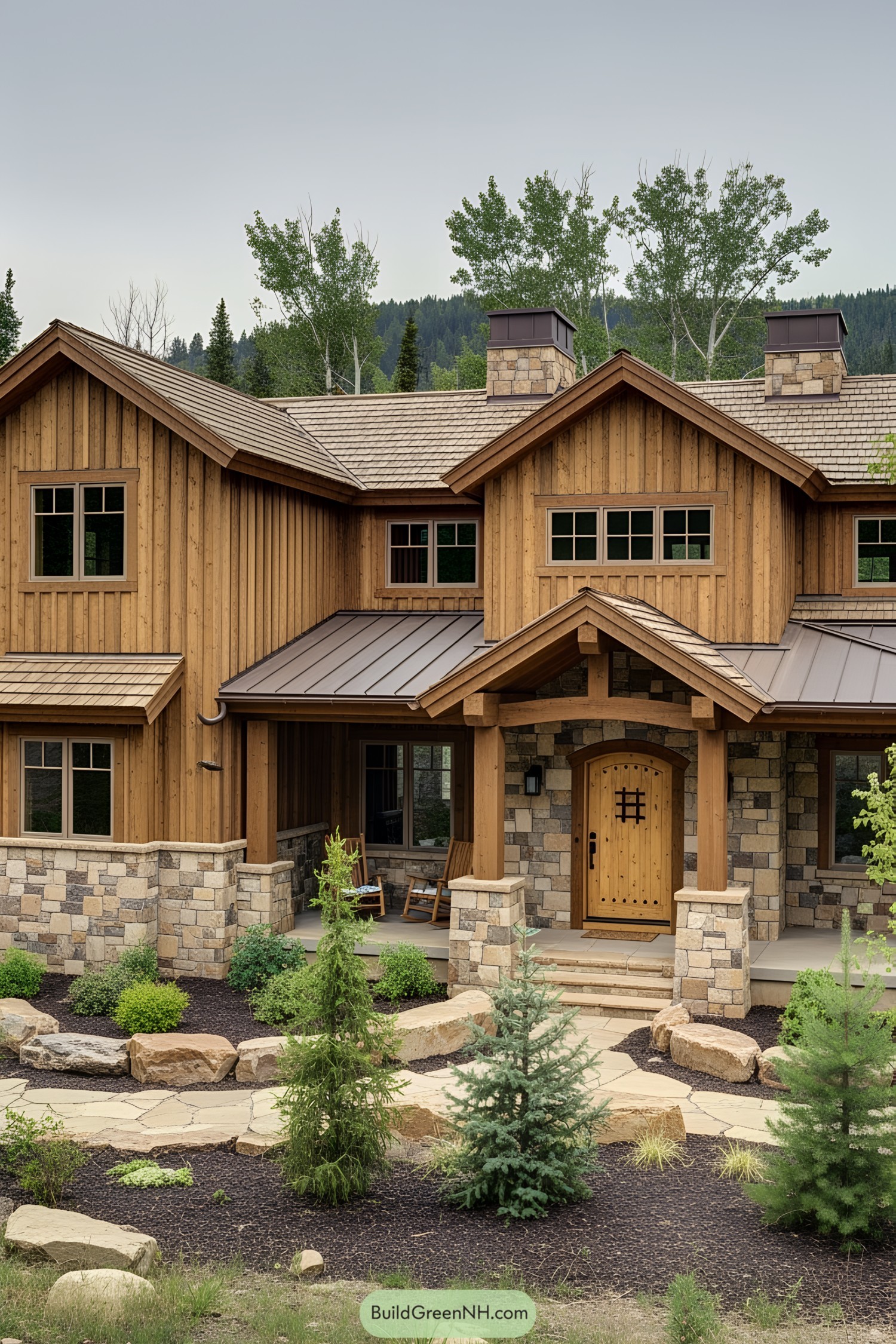 Charming wooden house with a stone base surrounded by trees