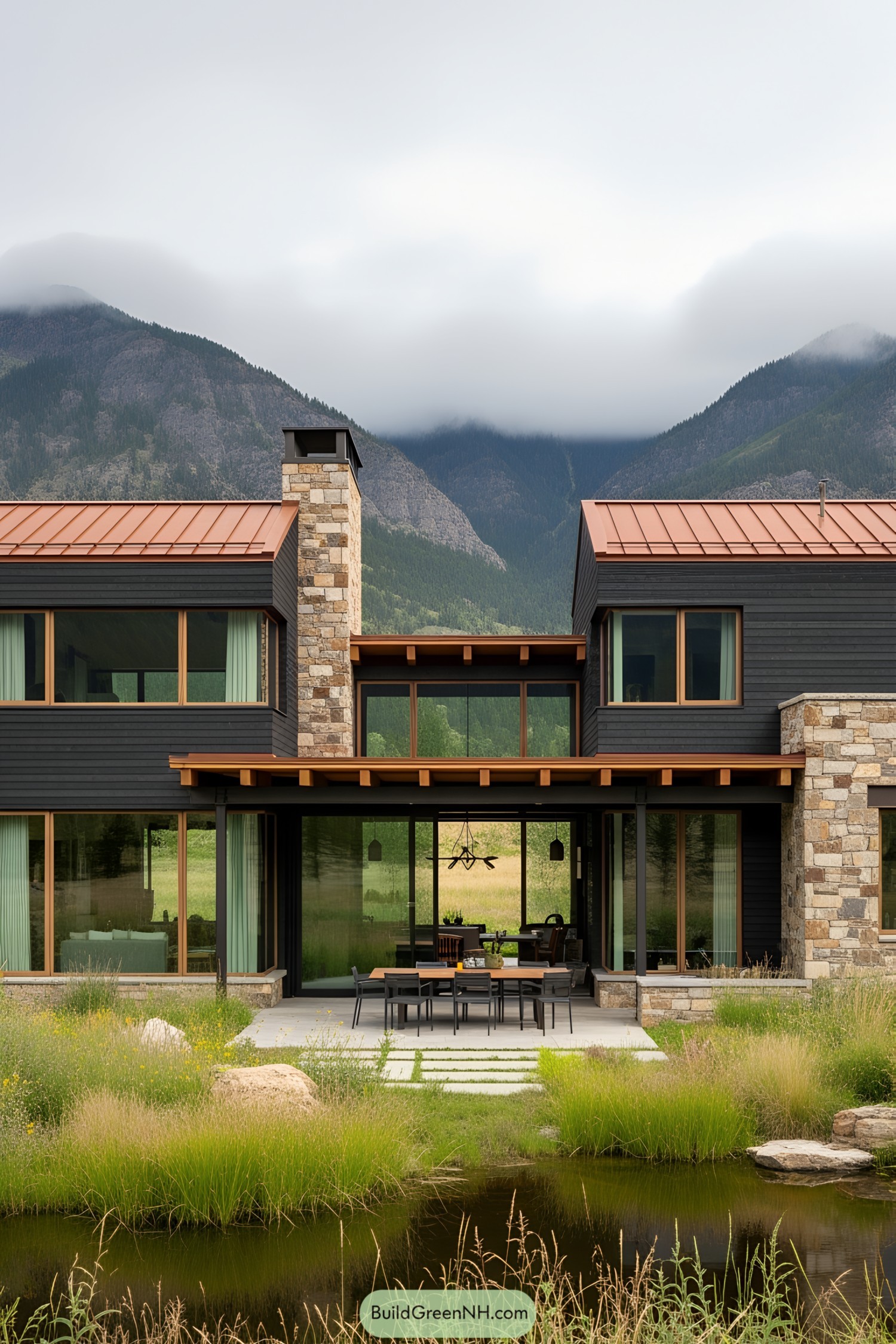 Modern ranch house with mountain scenery