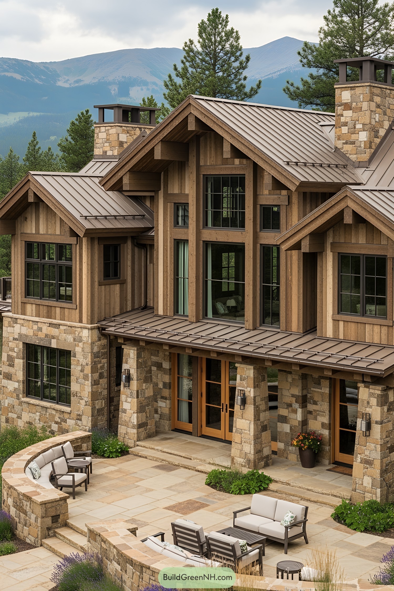 Stone and wood mountain ranch house with patio