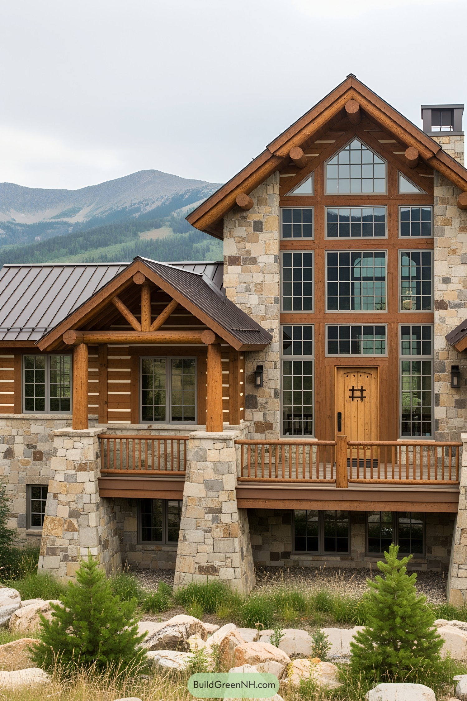 Stone ranch house nestled amidst scenic mountains