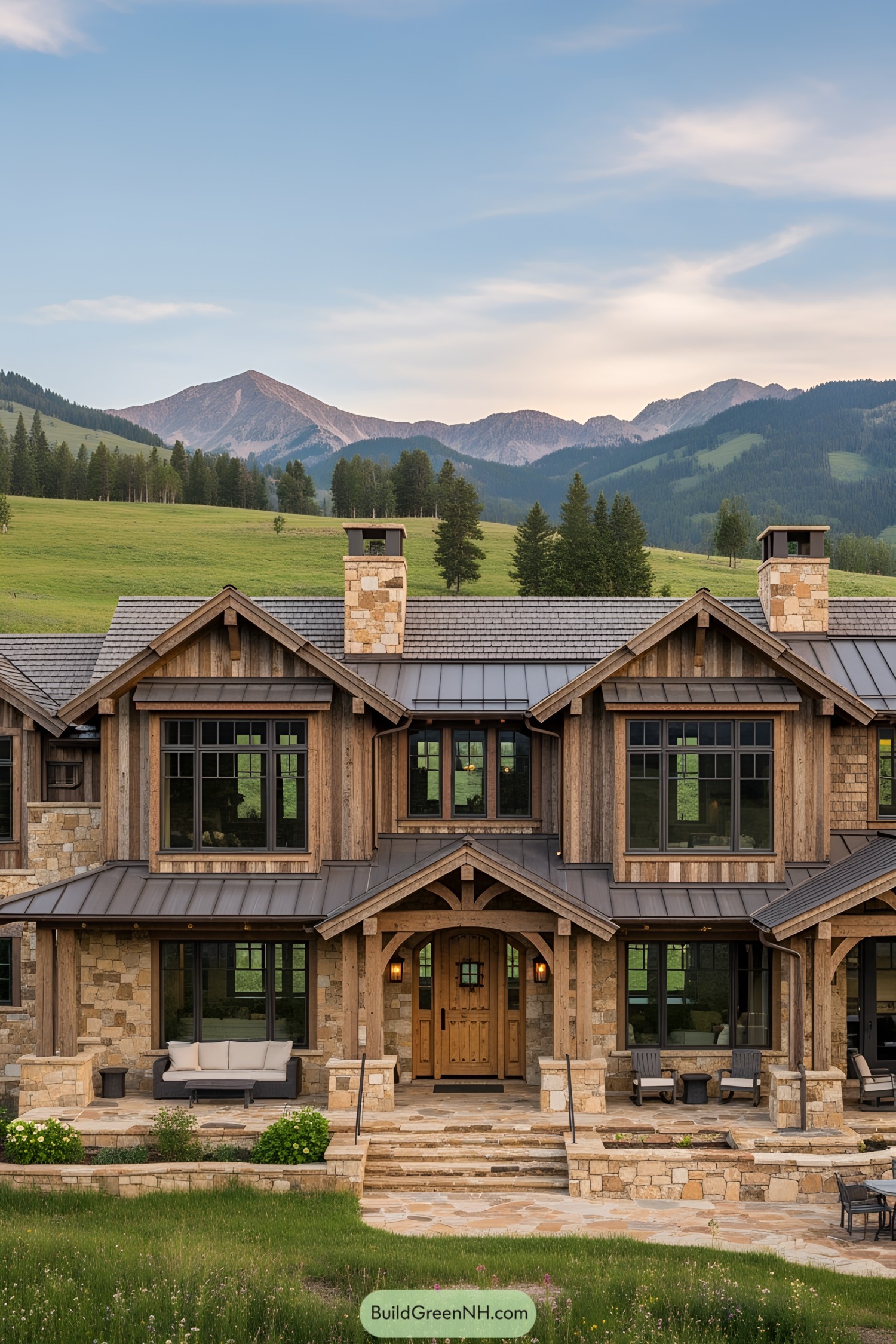 Charming wooden and stone ranch house set against scenic mountains